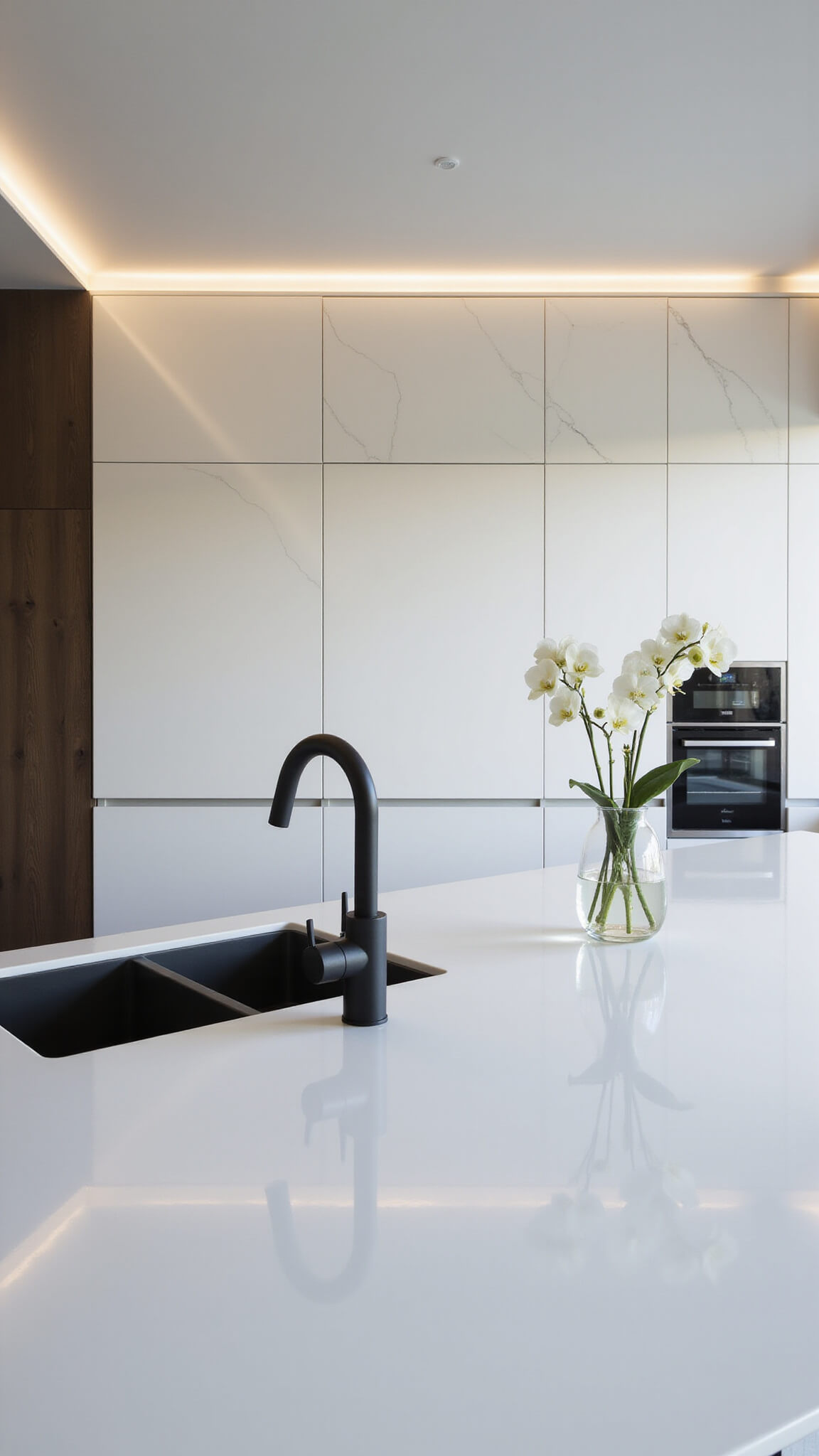 Minimalist kitchen with white porcelain slab backsplash, matte black fixtures, and linear lighting in soft blue morning light.