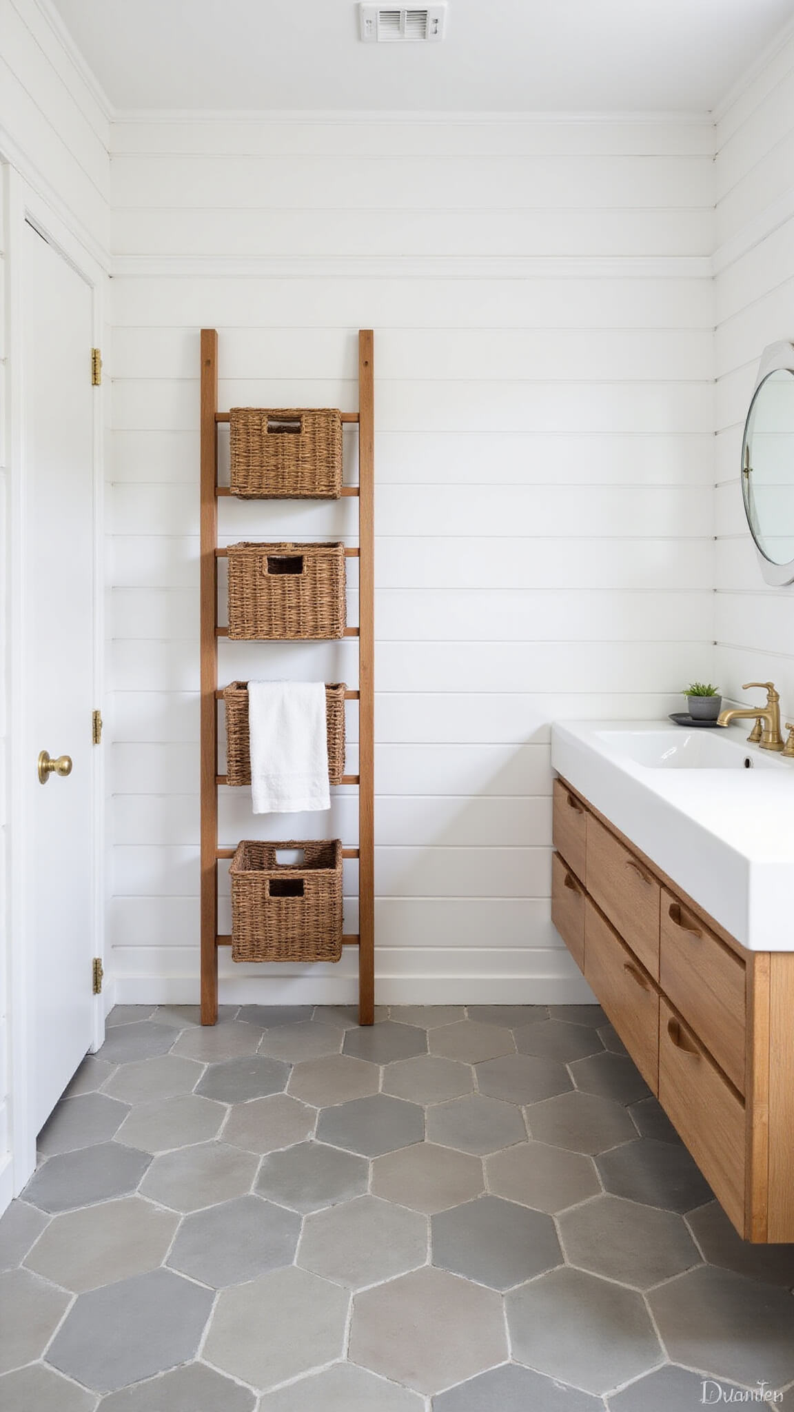 Scandinavian-style bathroom with white shiplap walls, teak ladder with baskets and towels, hexagonal grey floor tiles, and white oak vanity in natural light.