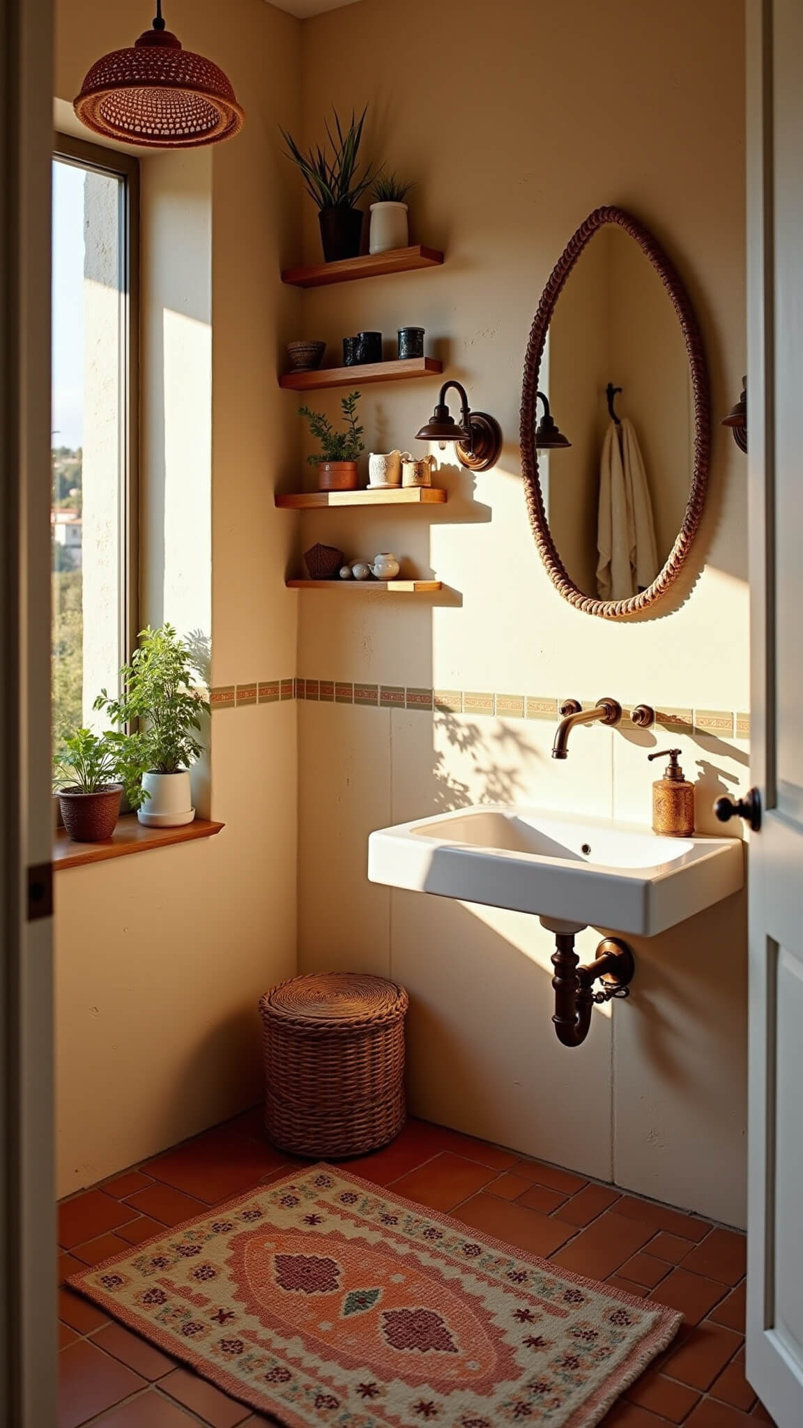 Bohemian small bathroom with cream zellige tiles, copper fixtures, vintage rug on terracotta floor, rattan pendant light, wooden shelves with pottery and air plants.