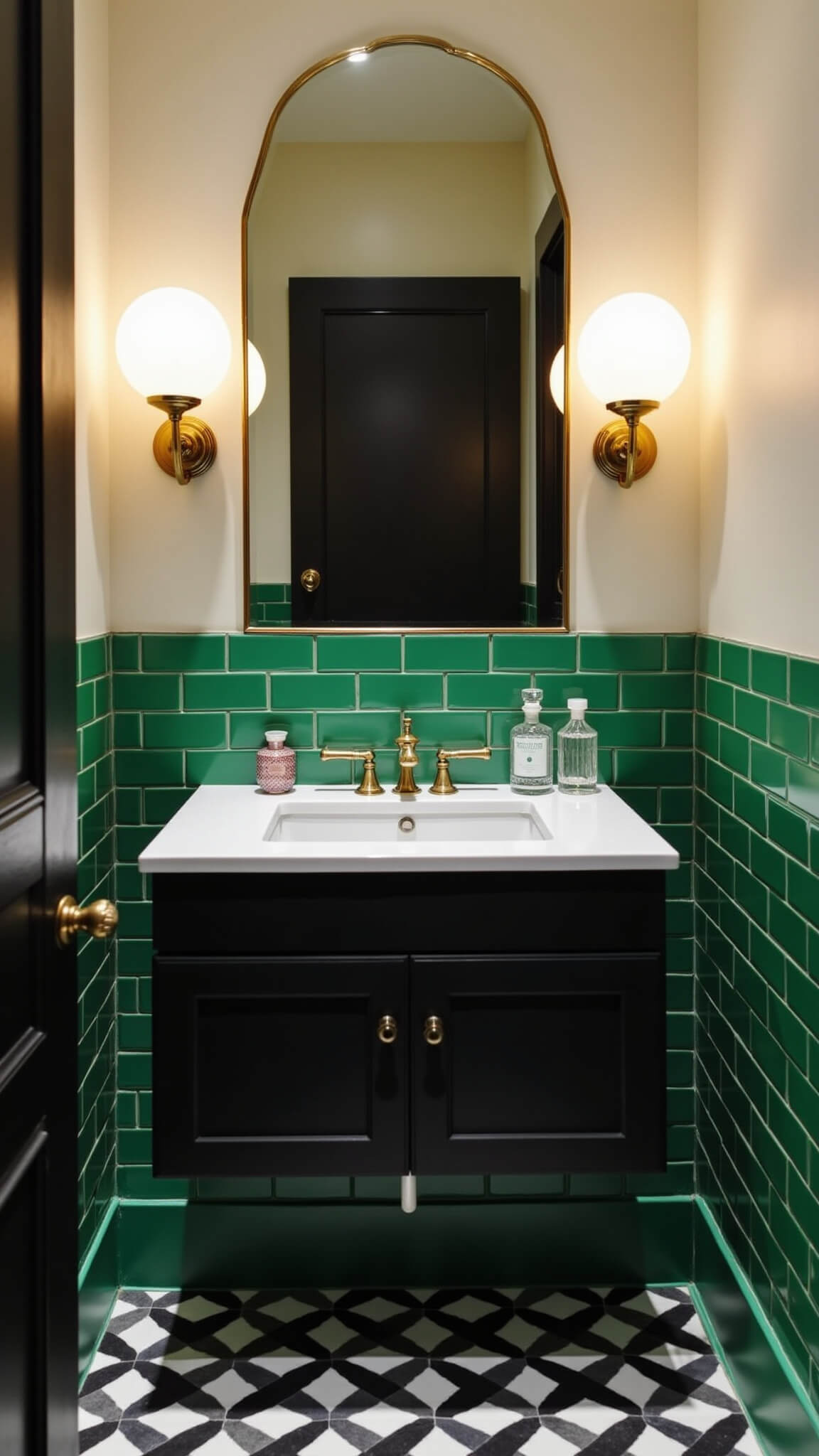 Overhead view of a 38 sq ft contemporary art deco bathroom with geometric black and white floor tiles, matte black vanity, emerald green subway tile accent wall, brass-framed arched mirror, milk glass sconces, and vintage perfume decor.