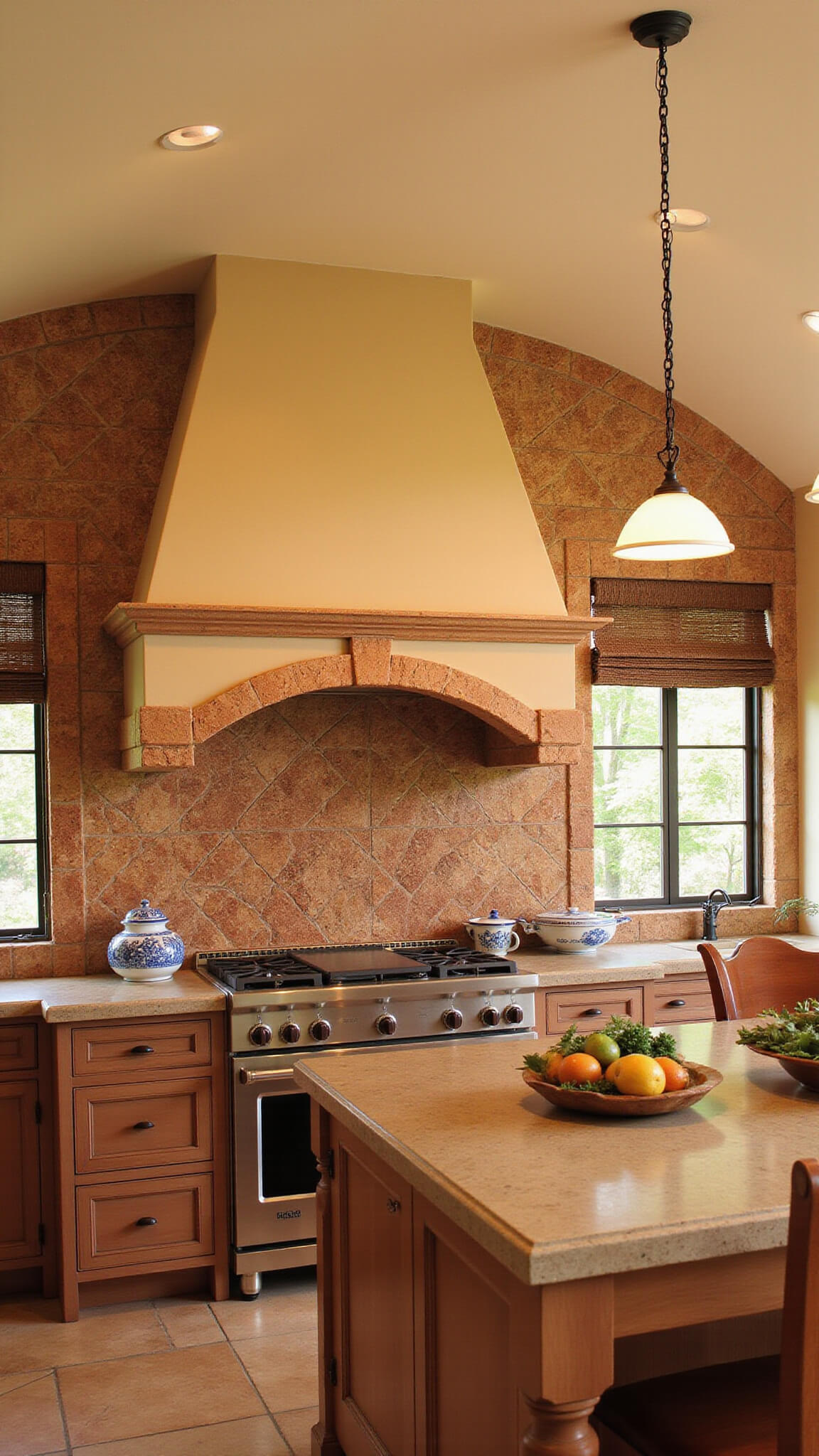 Mediterranean kitchen with terracotta star-pattern tile backsplash, iron pendant lights, limestone counters, blue and white ceramics, and fresh citrus in warm sunset light.