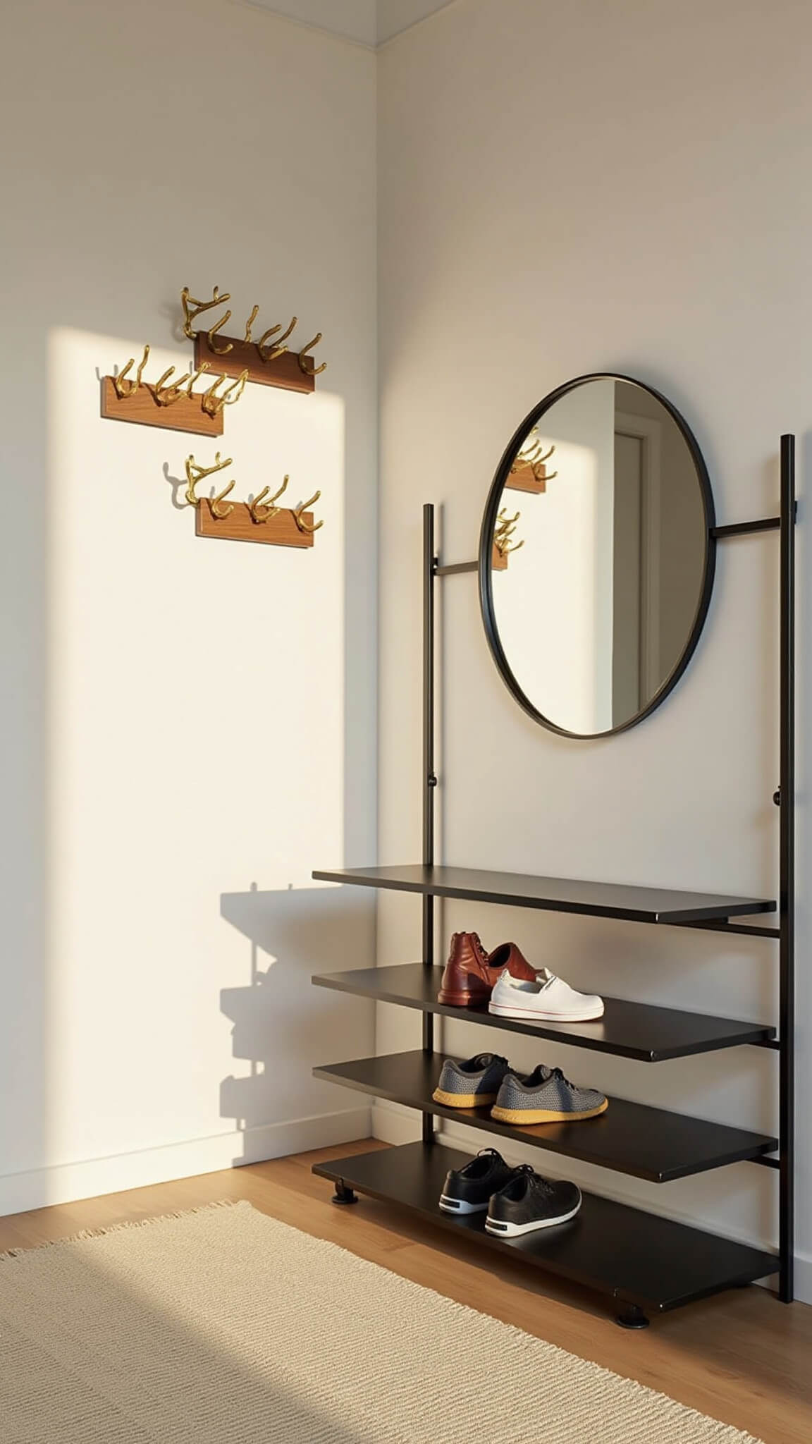 Minimalist 6x4ft apartment entryway with fold-out walnut pegs, brass hooks, black steel shoe rack, cream sisal runner, and round mirror lit by golden hour sunlight.