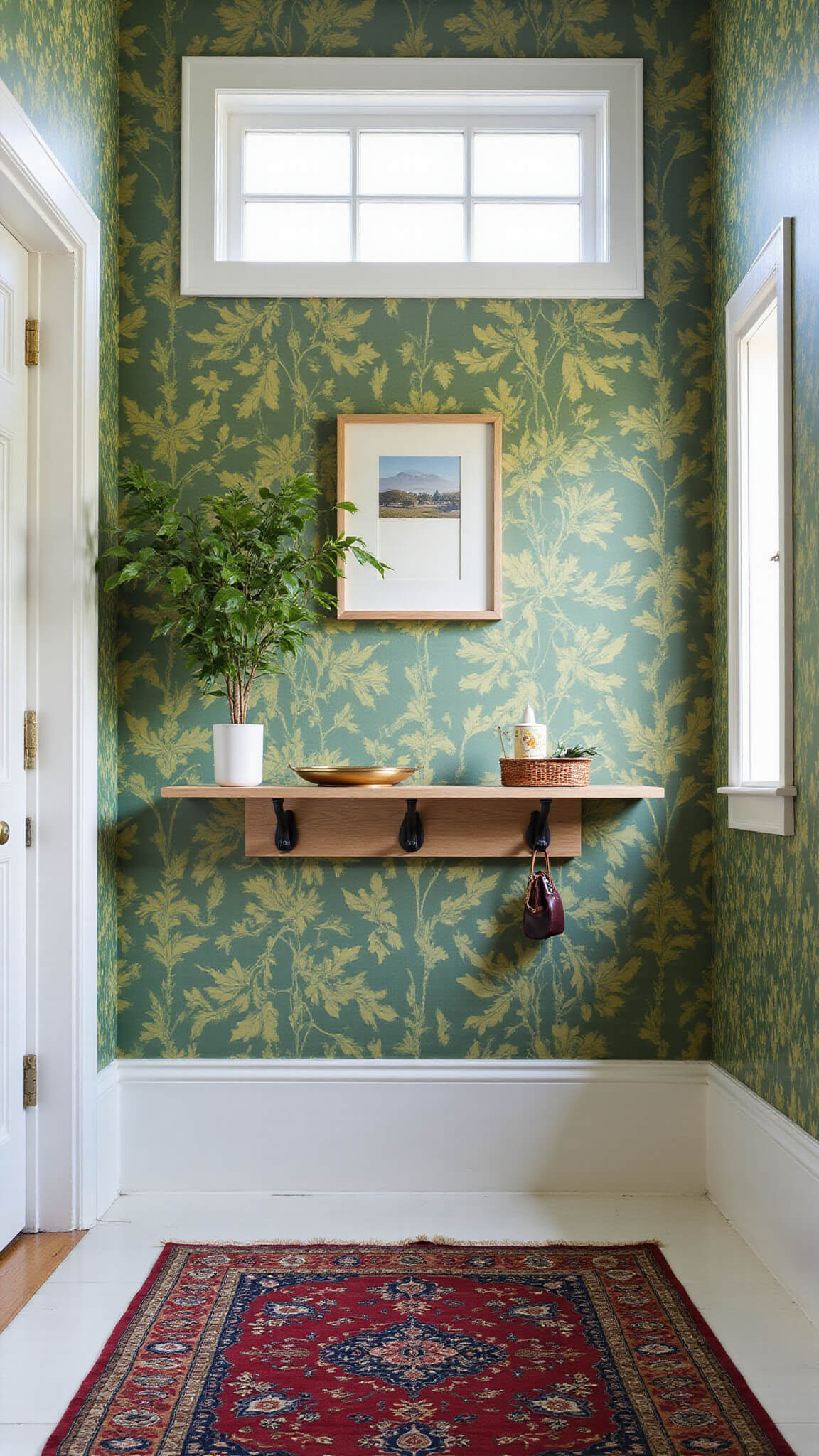 Compact entryway with bold emerald and gold botanical wallpaper, floating oak shelf with brass key dish and pothos, black hooks below, and vintage Persian runner.