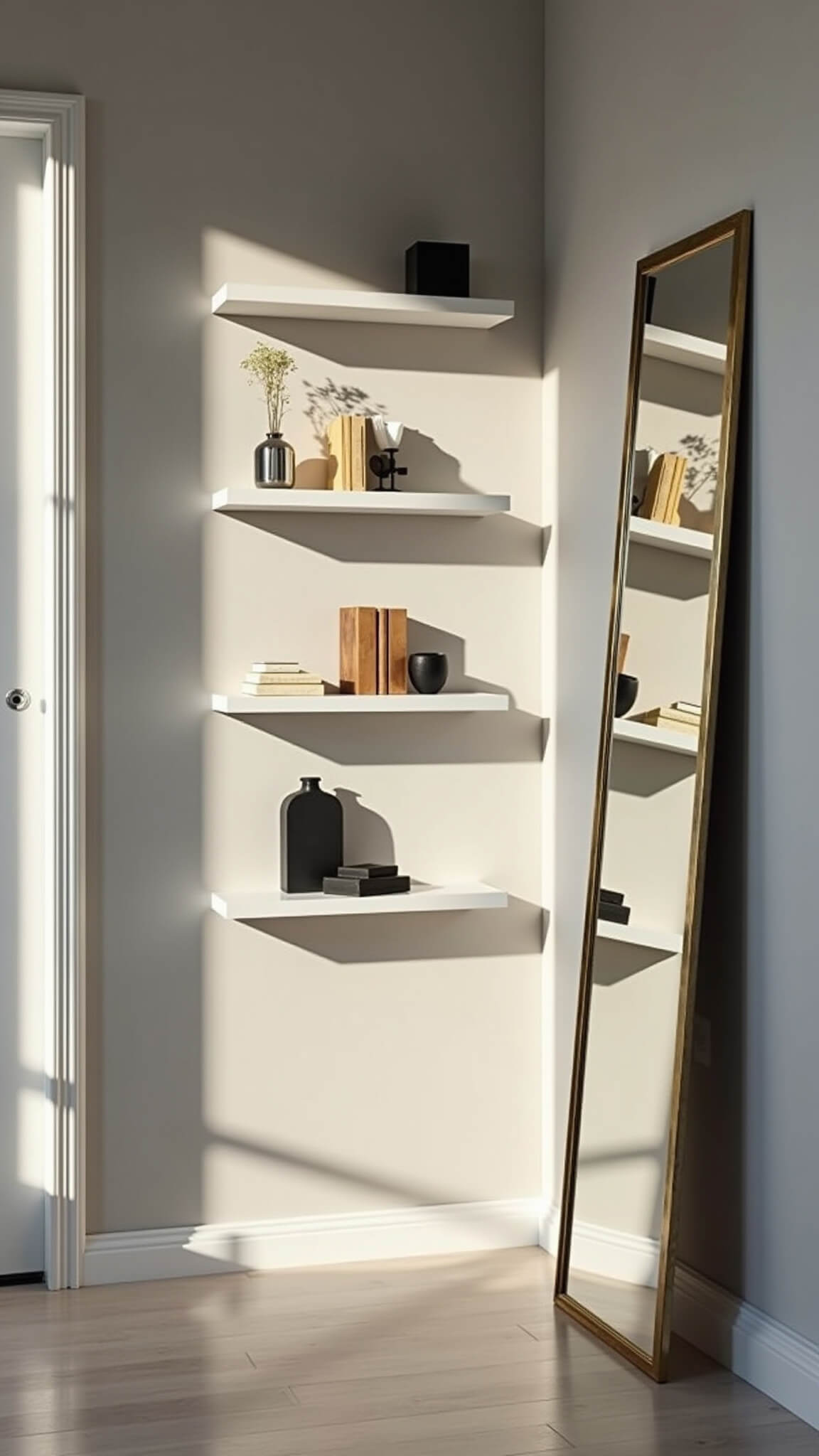 Low-angle view of white floating shelves with minimalist decor in a narrow entryway, pale gray walls, brass-framed mirror, and dramatic afternoon shadows.