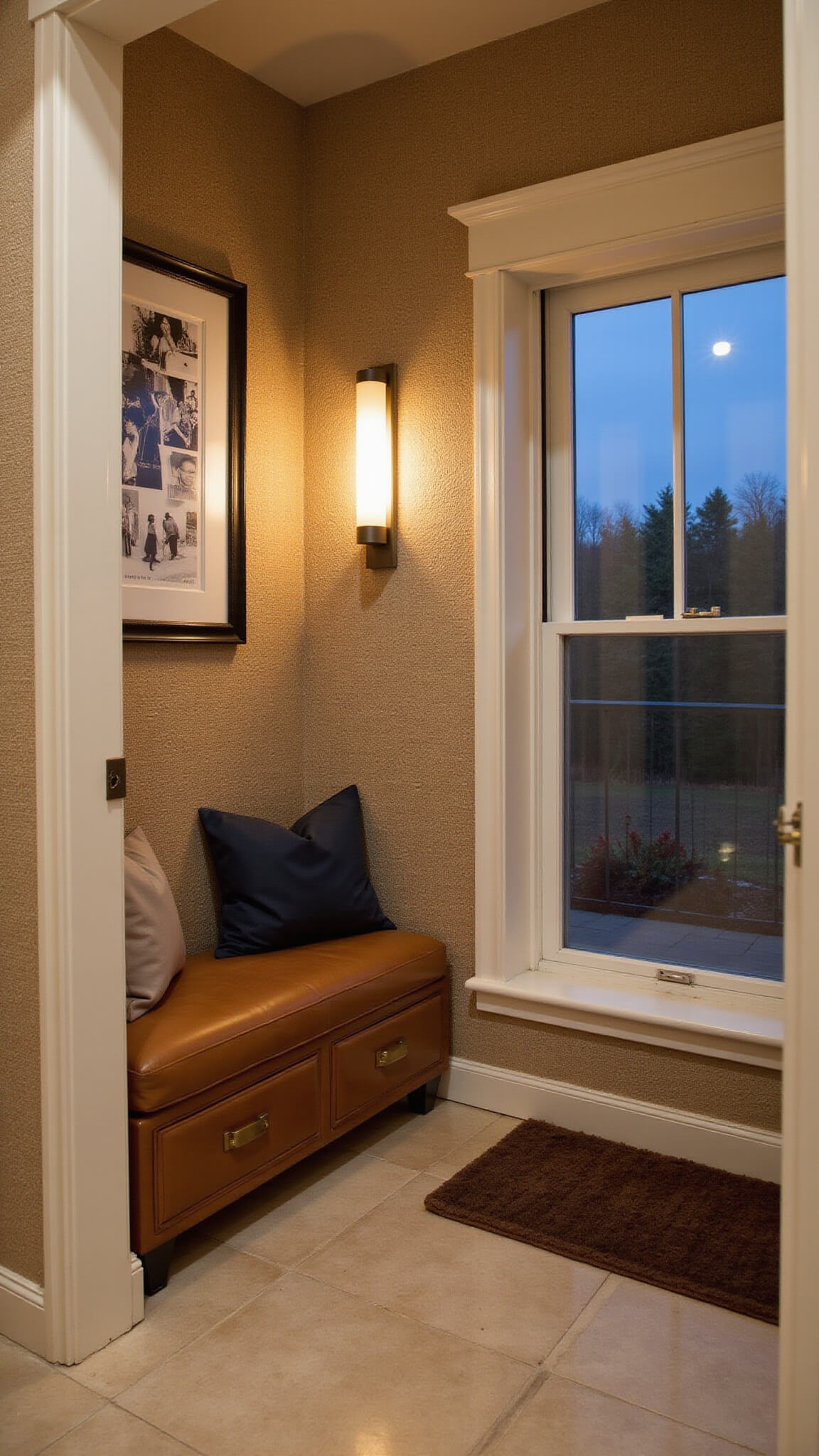 Contemporary tiny entryway at dusk with warm LED sconces, cognac leather bench with drawers, black and white photo gallery wall, and beige grasscloth walls.