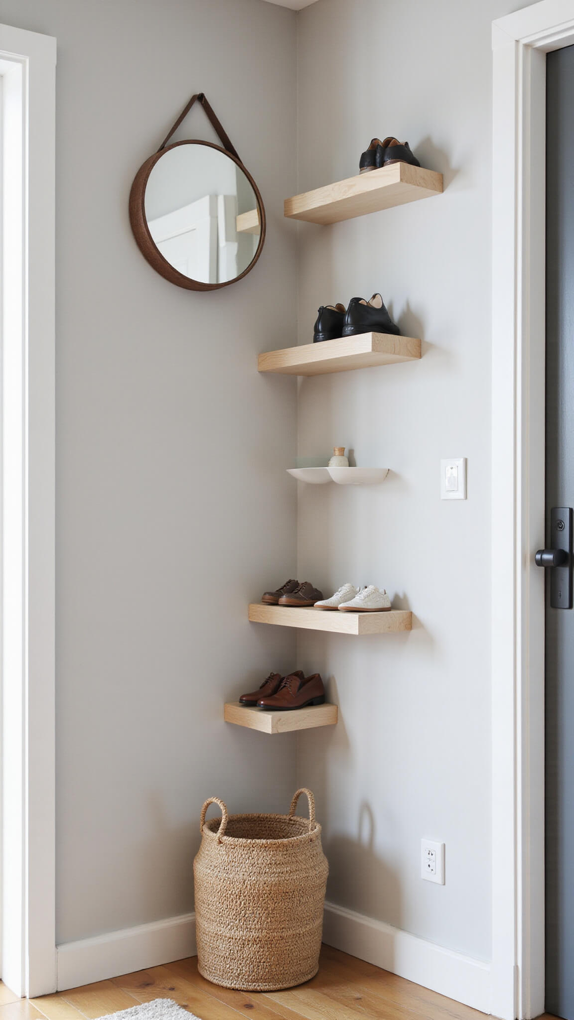 Scandinavian-style micro entryway with pale wood floating shelves, circular mirror, subtle geometric wall pattern, and woven shoe basket.