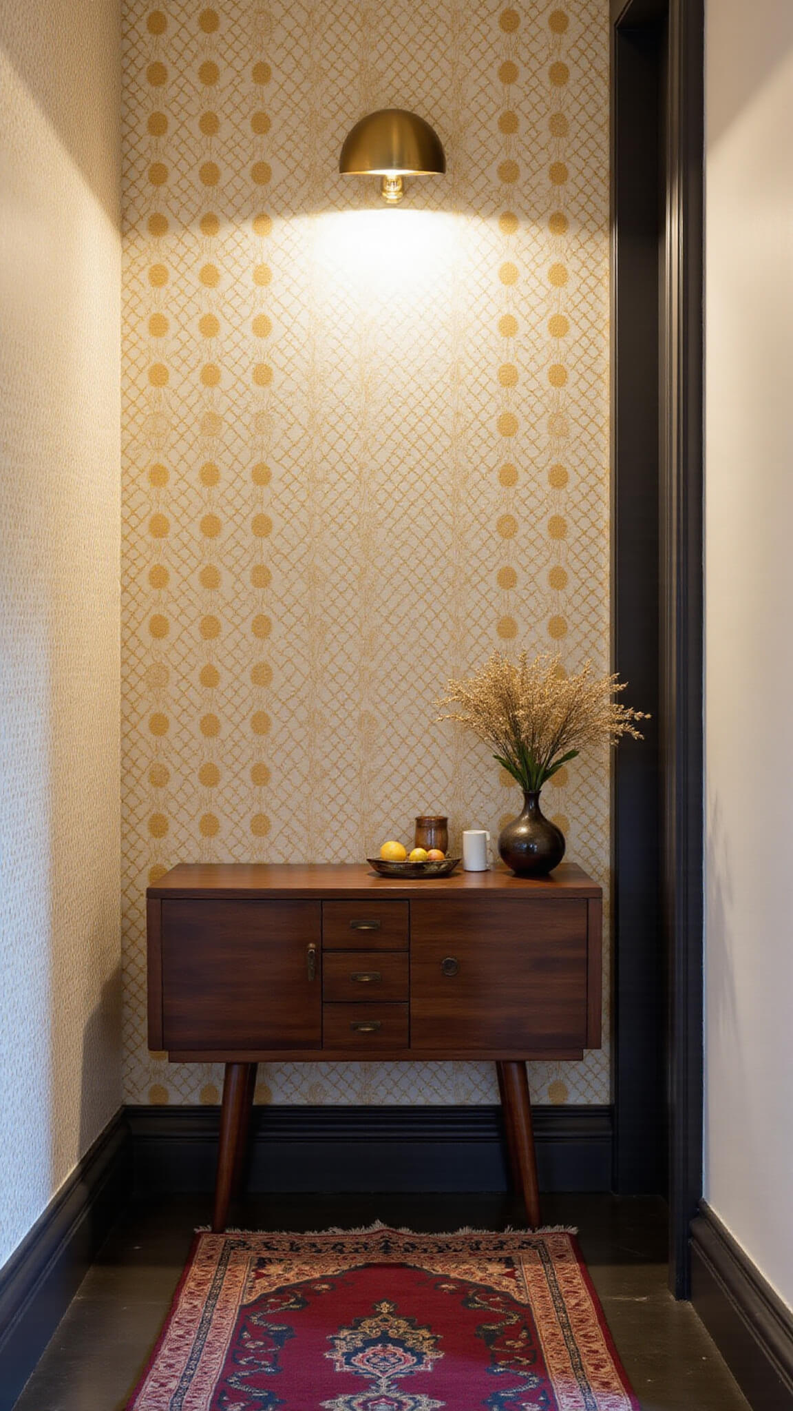 Art deco-inspired tiny entryway with geometric cream and gold wallpaper, floating dark walnut console, vintage burgundy and navy runner, brass accents, dried flowers, and warm evening light from a modern brass sconce.