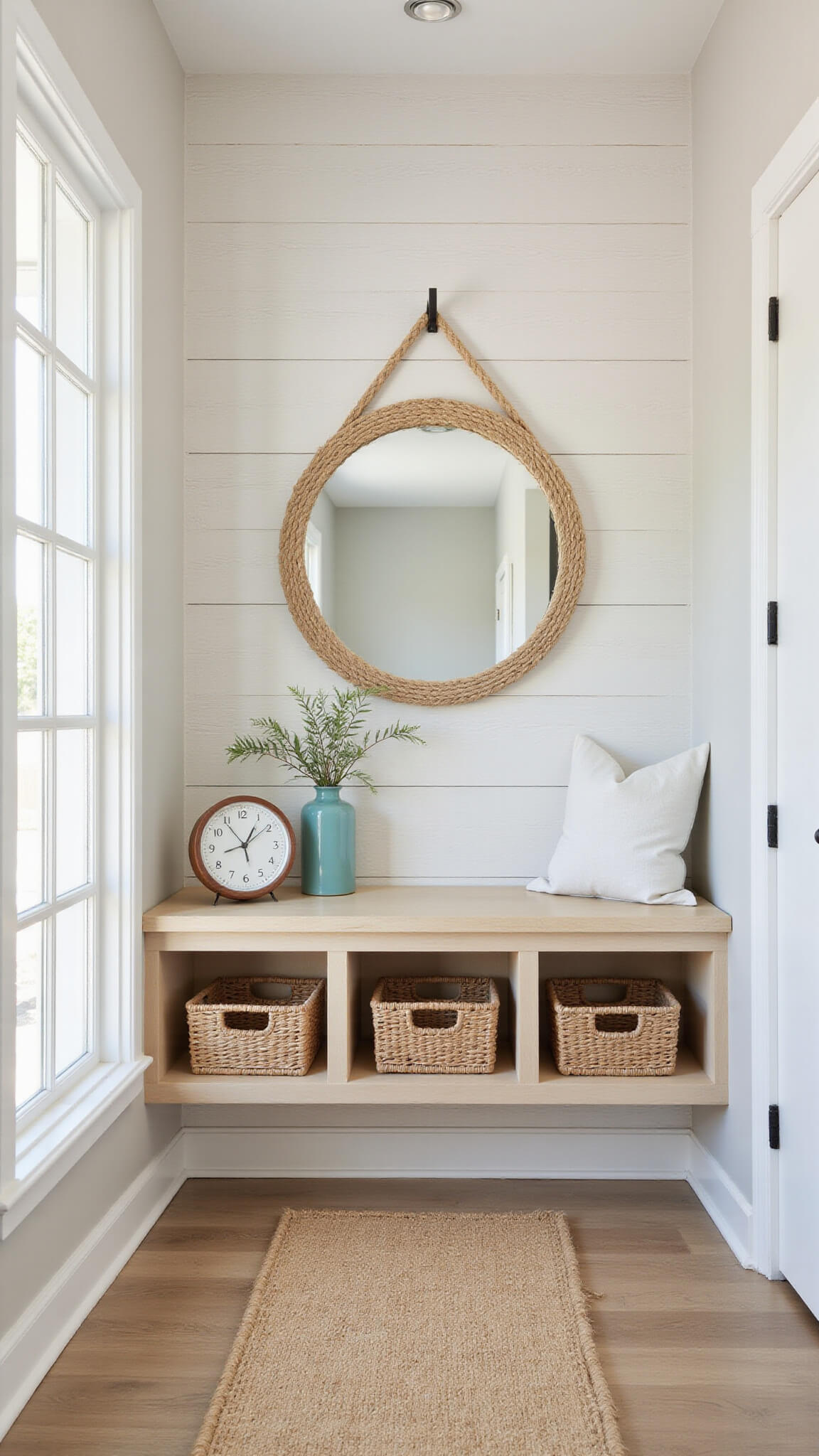 Modern coastal entryway with white shiplap wall, pale oak floating shelves, rattan baskets, jute runner, and round rope-framed mirror.
