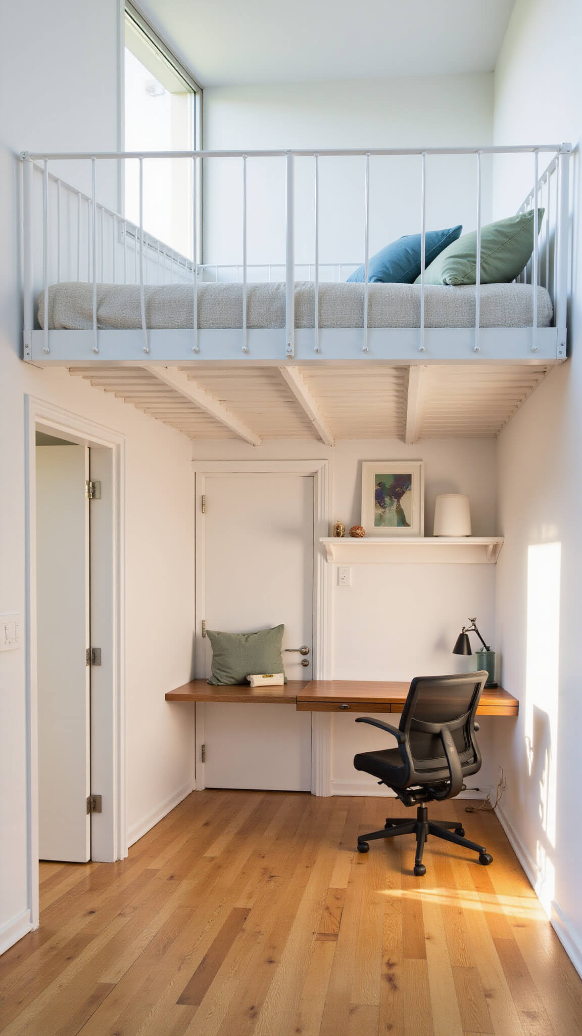 Modern 10x10 bedroom with loft bed and home office, sunlit through large windows, featuring white walls, oak floors, and sage green and dusty blue accents.