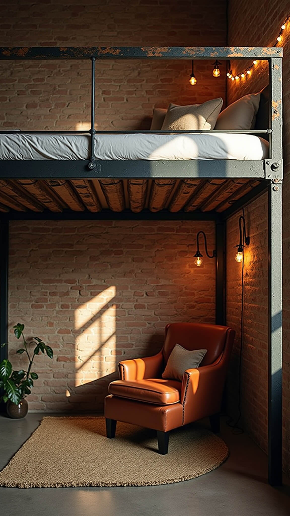 Cozy industrial loft bed with metal frame and wood accents over a reading nook featuring leather armchair, vintage lamp, and jute rug in warm earth tones.