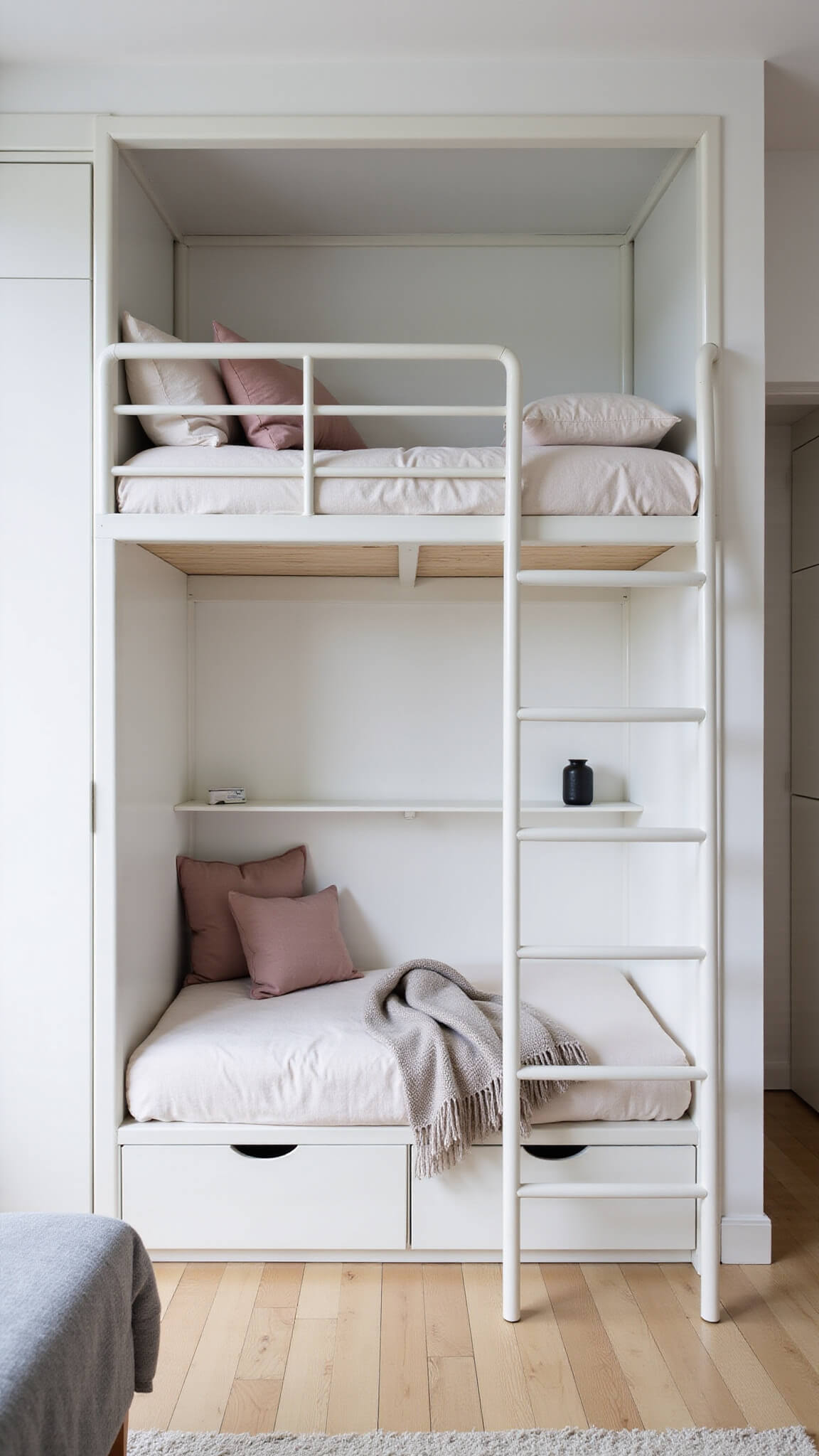 Minimalist Scandinavian loft bed with white metal frame over IKEA storage and birch workspace in bright studio apartment.