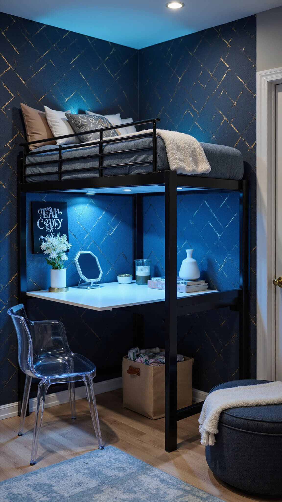 Contemporary teen loft bed with black metal frame and built-in desk, navy and gold geometric wallpaper, smart LED lights, acrylic chair, and warm brass accents during blue hour.