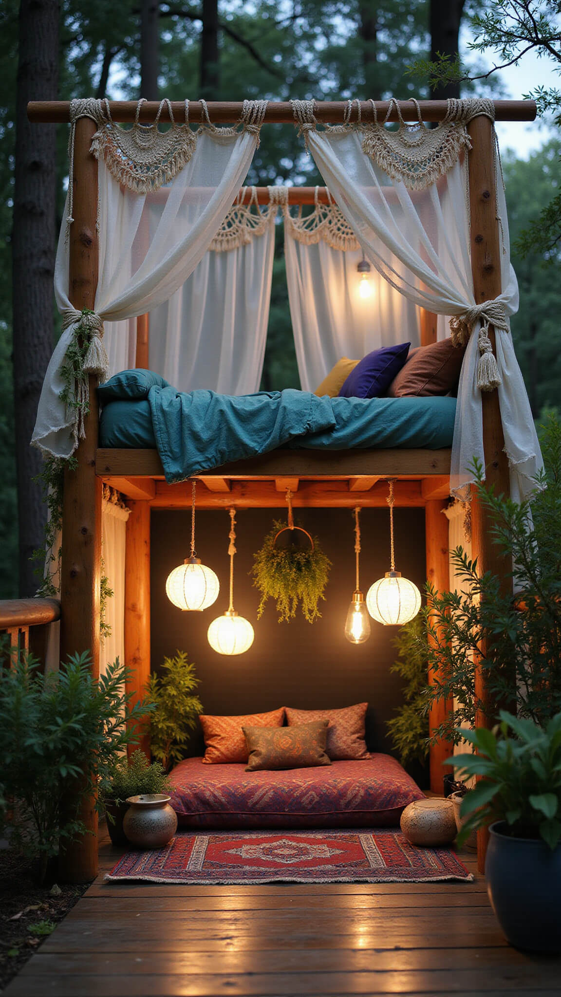Bohemian loft bed with macramé and gauzy curtains, overlooking a cozy meditation nook with floor cushions, Moroccan rug, hanging plants, and soft paper lantern lighting in rich jewel tones.