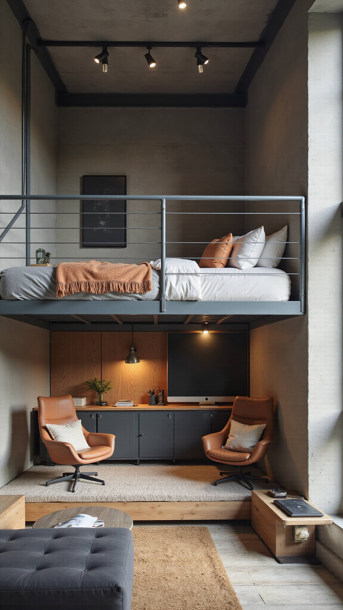 Urban micro-apartment with loft bed, modular living and workspace below, industrial design with copper accents and concrete wall.