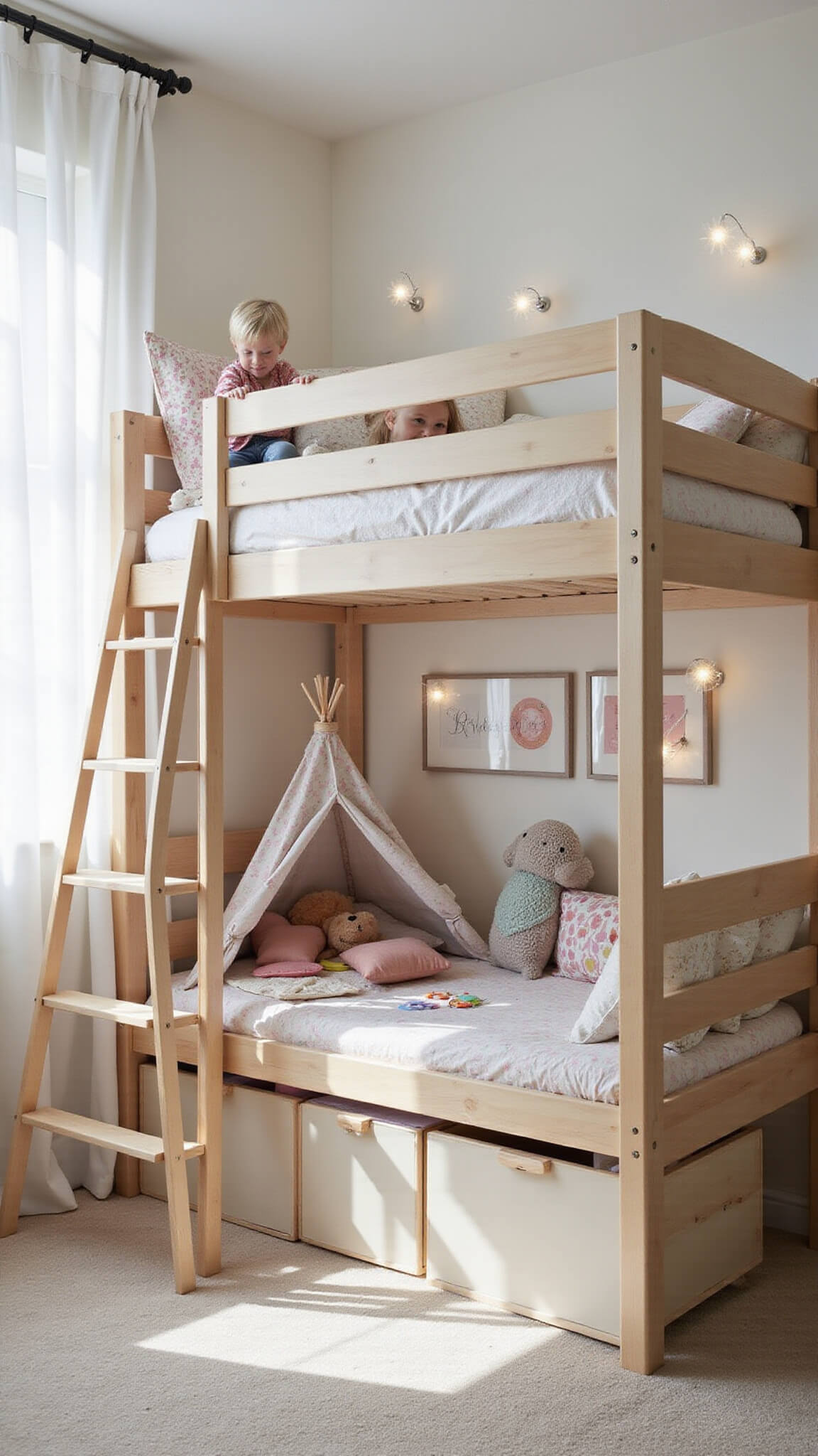 Loft bed with storage stairs in children's room, play area below with teepee and soft cubes, pastel decor and morning sunlight through sheer curtains.