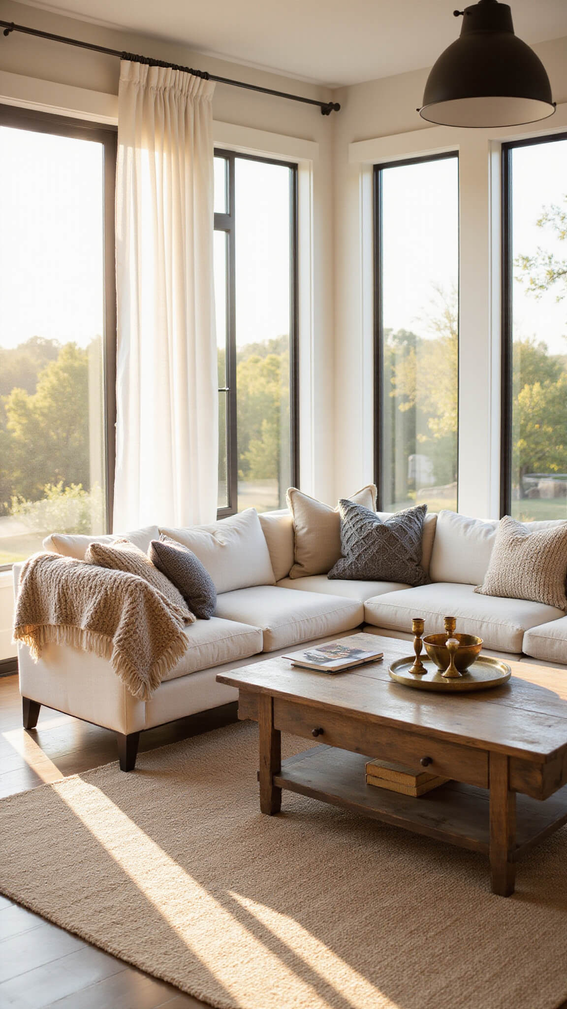 Modern farmhouse living room with cream sectional, oak floors, and golden hour sunlight filtering through linen curtains.