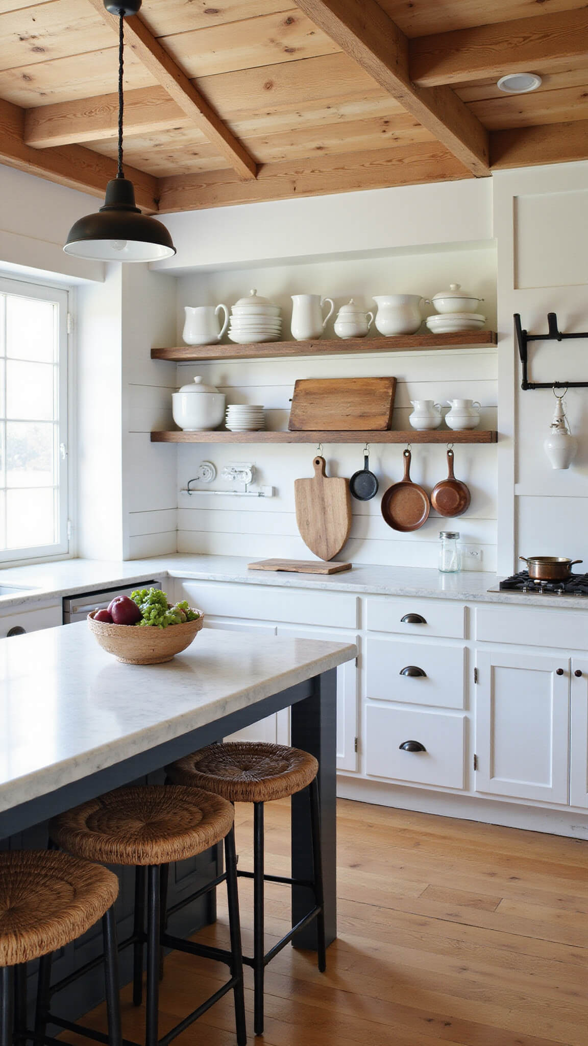 Farmhouse kitchen at dawn with marble countertops, exposed beams, open shelving, and a distressed wood island under black pendant lights.