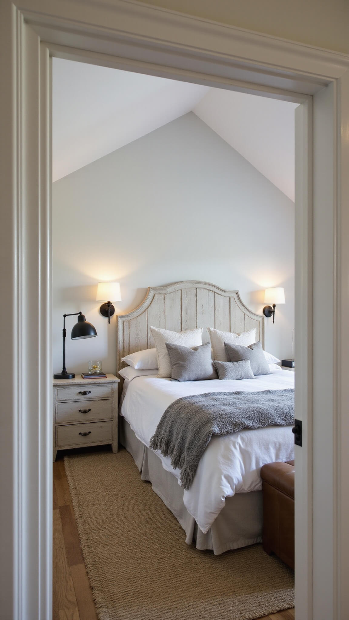 Wide-angle view of serene master bedroom with cathedral ceiling, dormer windows, king bed with whitewashed headboard, layered white linens, gray blankets, vintage pillows, and jute rug at dusk.