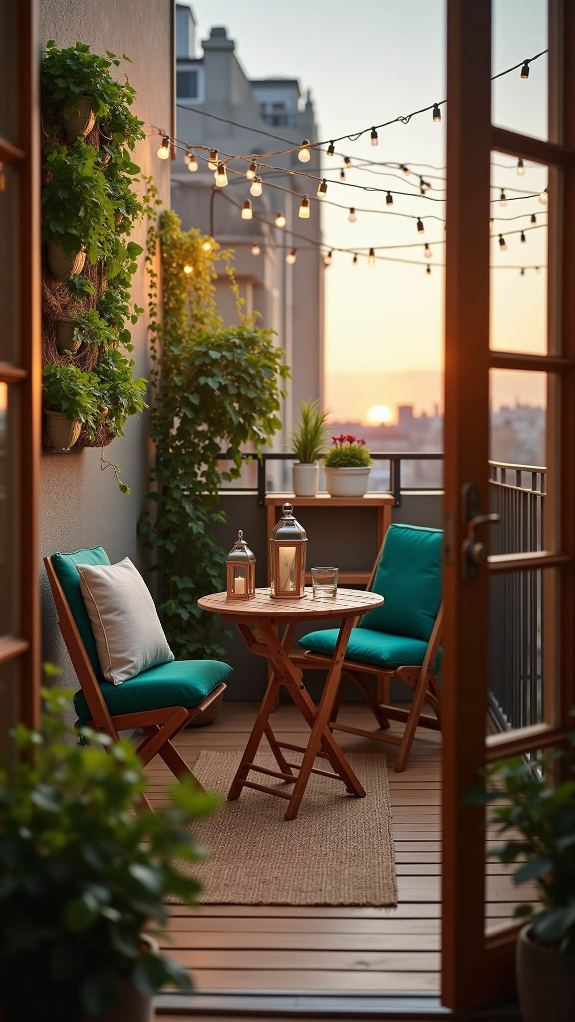 Cozy urban balcony at sunset with teak bistro set, vertical herb garden, string lights, and lush greenery.