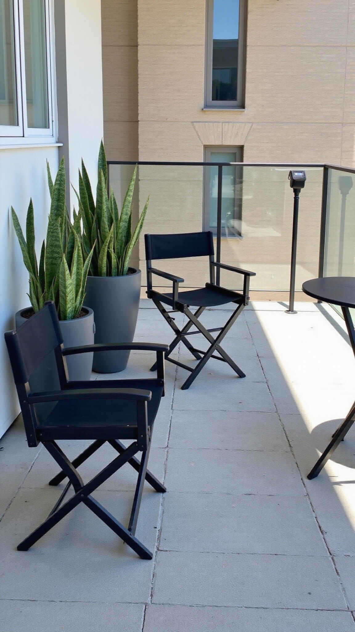 Modern minimalist balcony with black metal furniture, gray geometric tiles, snake plants in charcoal planters, and solar lights, captured in bright midday sunlight.