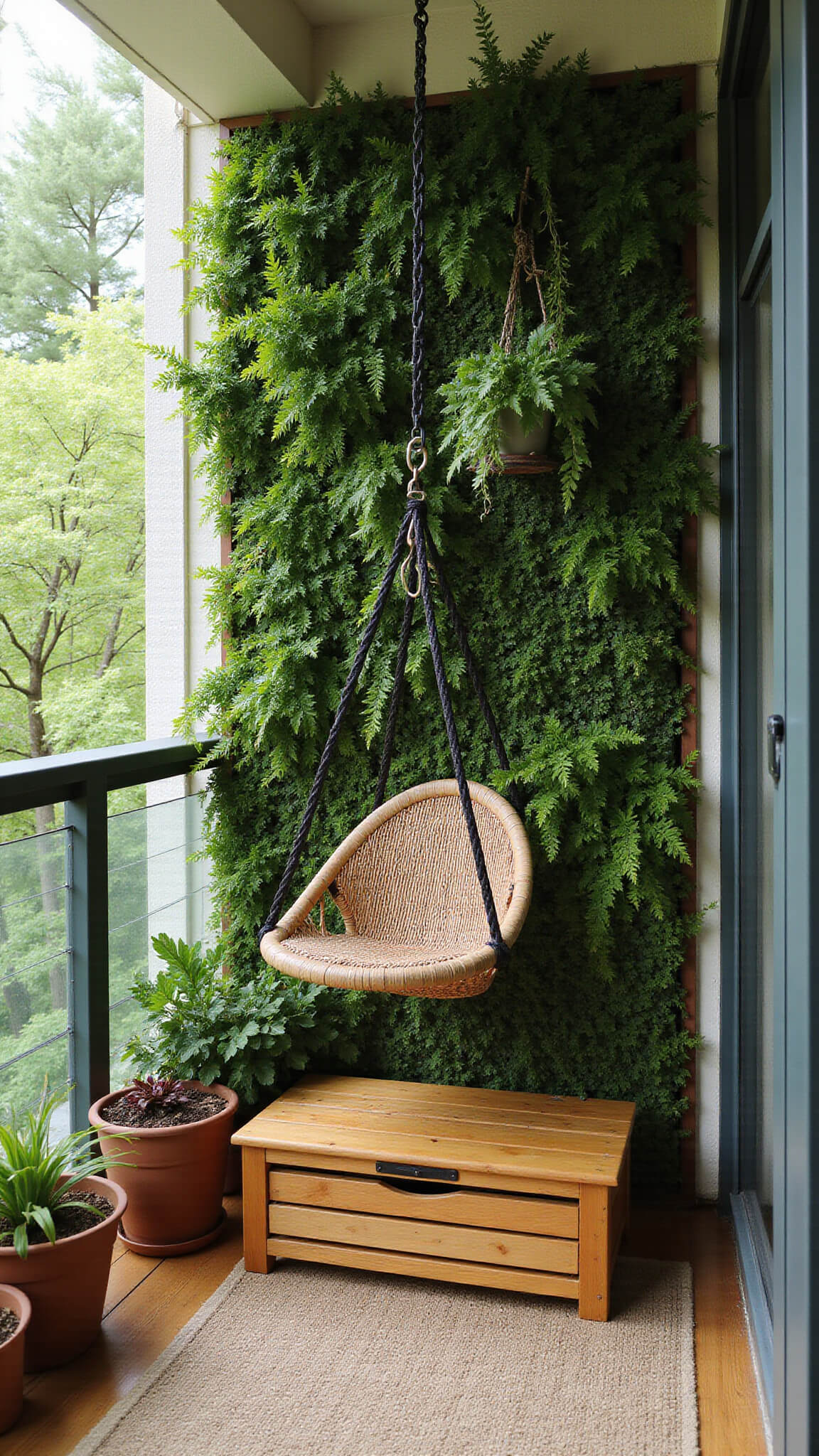Low-angle view of a 5x10ft balcony with a lush green wall of ferns and vines, bamboo bench, hanging chair, natural fiber rug, terracotta planters, and filtered morning light.