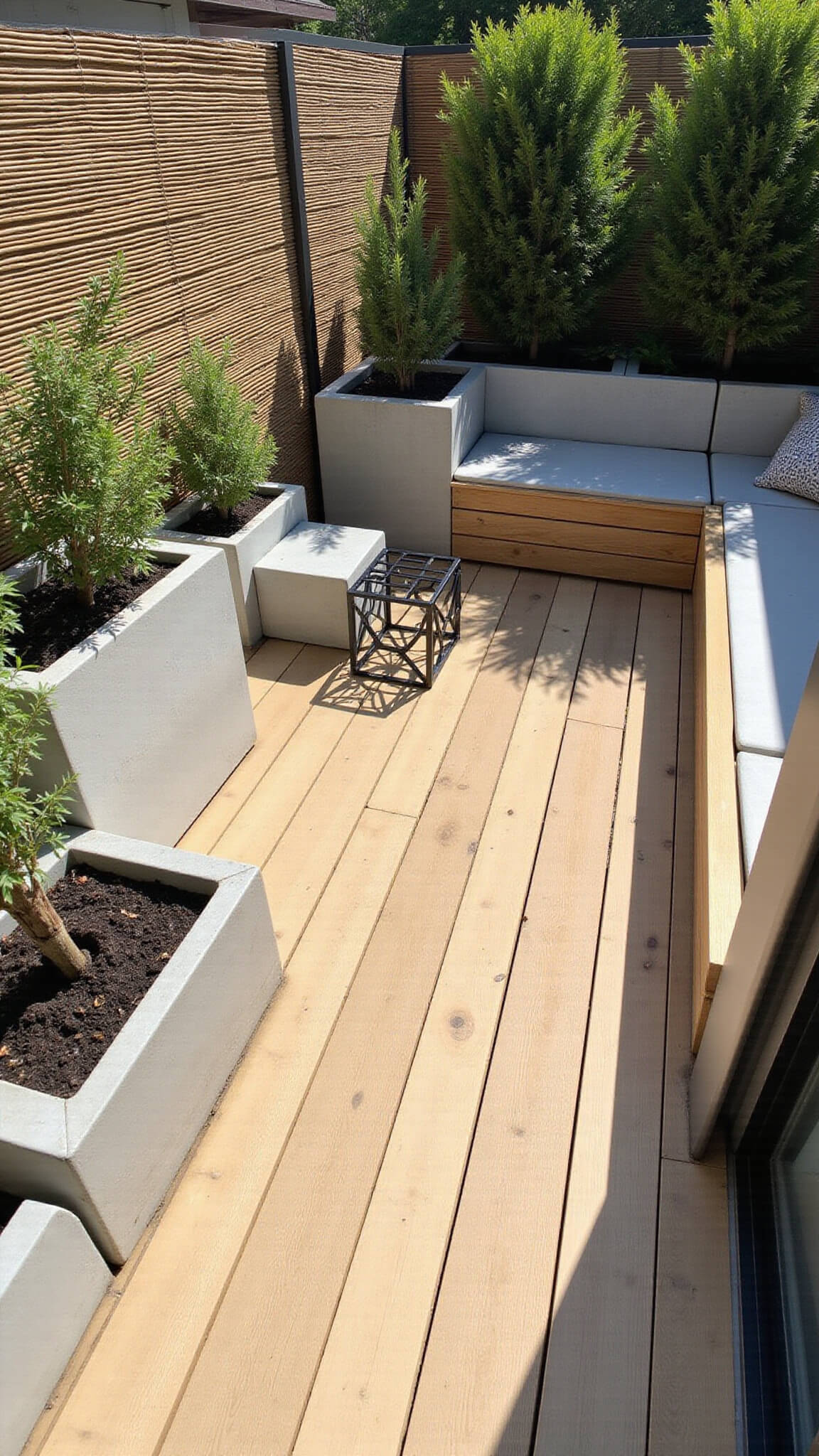 Minimalist zen garden on 6x6ft balcony with light wood decking, built-in bench, concrete planters, black metal table, and bamboo privacy screen in bright noon sunlight.
