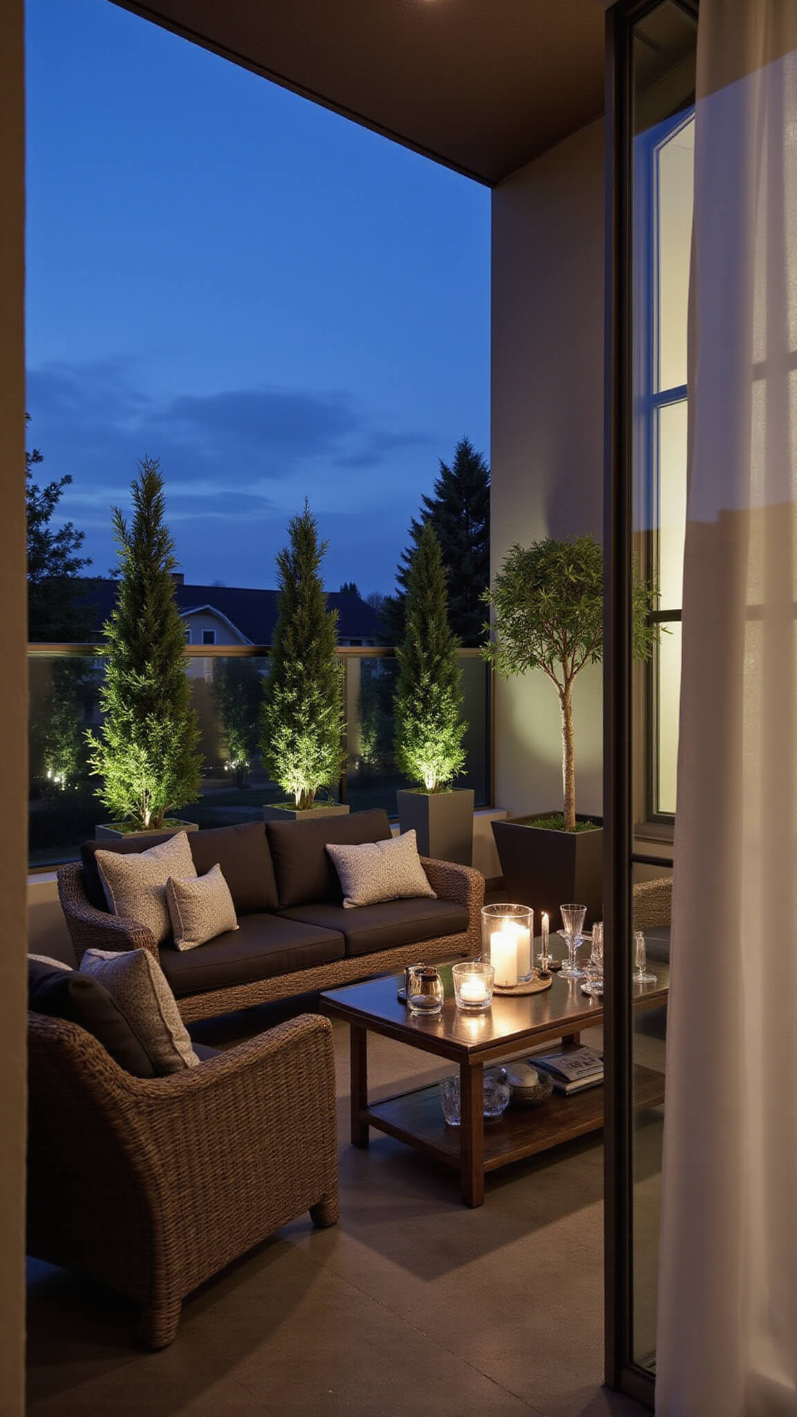 Twilight view of stylish balcony with wicker loveseat, brass bar cart, uplighting on plants, and sheer curtains blowing gently.