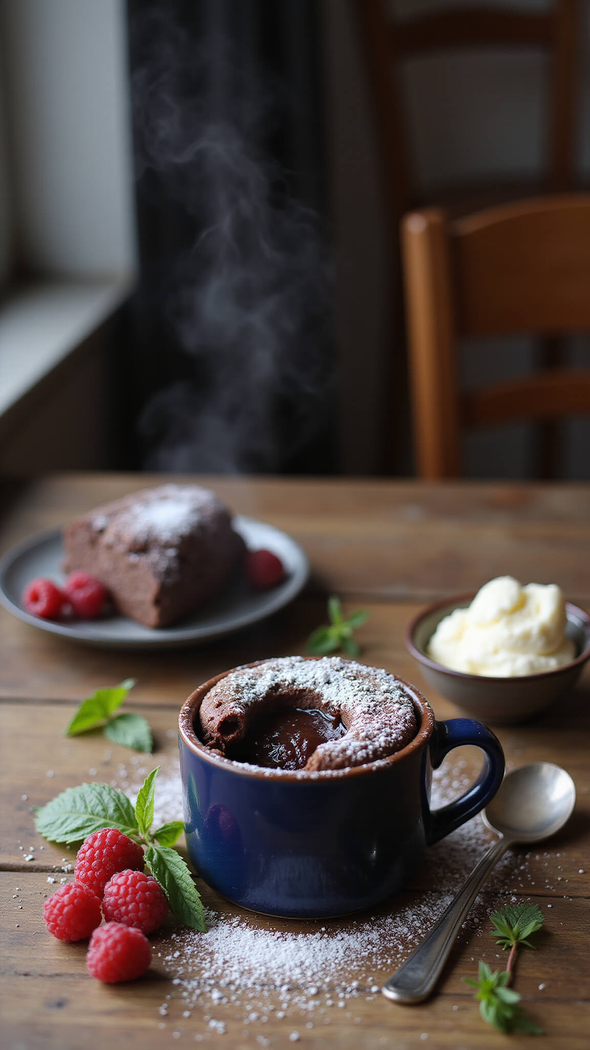 Chocolate lava cake in a navy blue mug on a rustic wooden table, topped with powdered sugar and surrounded by raspberries, mint leaves, melting vanilla ice cream, and a vintage spoon, shot with shallow depth of field.