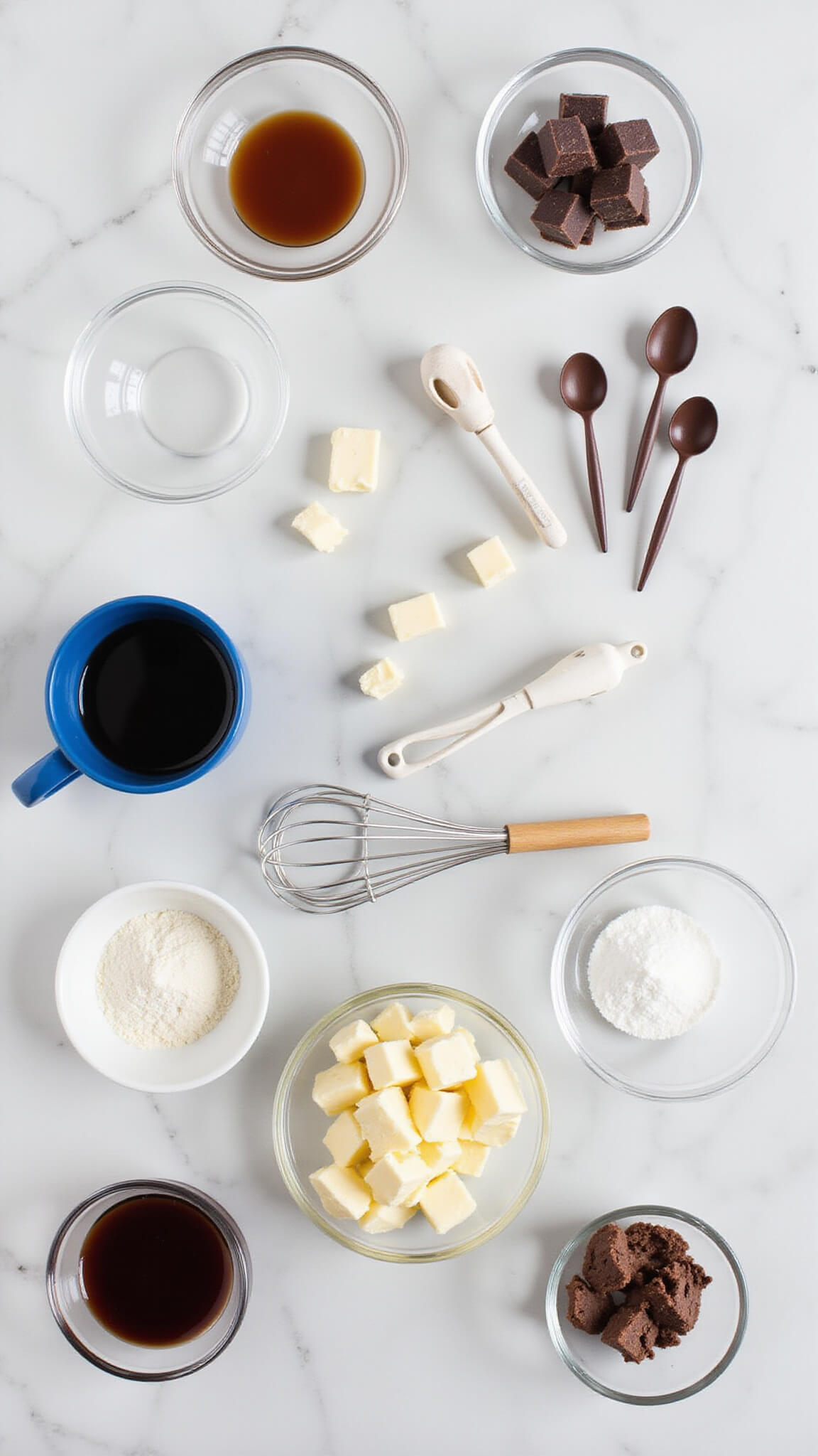 Overhead view of baking ingredients on white marble: glass bowls with measured items, dark chocolate, butter cubes, chocolate truffles in a geometric layout, a whisk, measuring cups, and a blue ceramic mug with soft studio lighting.