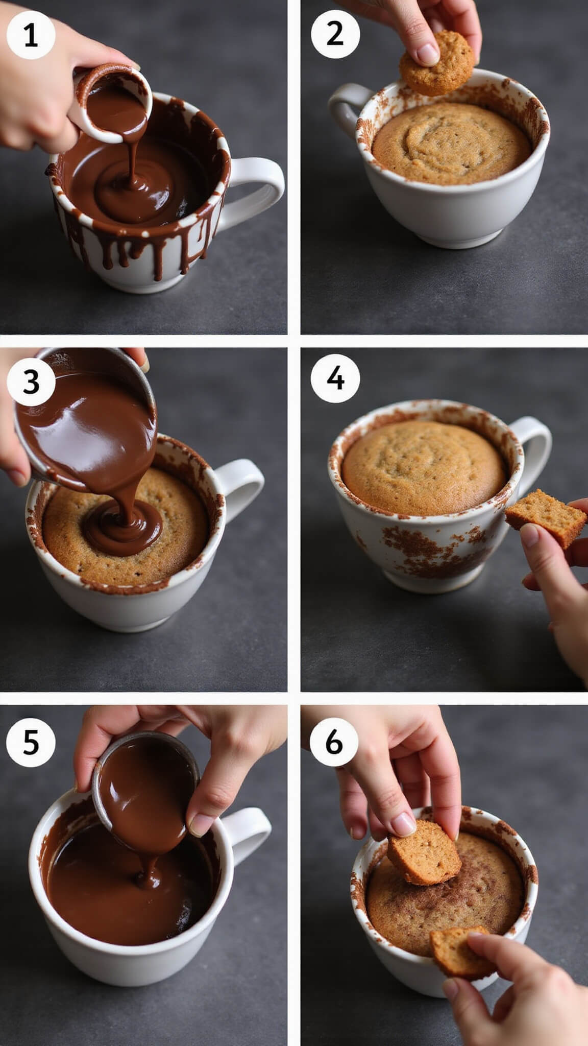 Split-frame image showing four stages of mug cake preparation with detailed close-ups of melting chocolate, mixing, rising batter, and finished cake on a dark charcoal surface.
