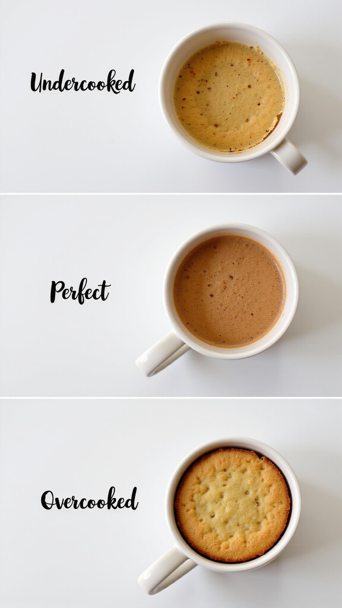 Three labeled mugs on white backdrop showing undercooked, perfectly cooked, and overcooked mug cakes with cross-section cuts revealing texture differences under studio lighting.