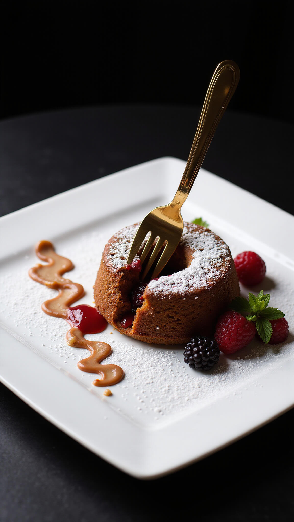 Gourmet lava cake on a white square plate with powdered sugar stencil, fresh berries, mint, raspberry coulis swoosh, and gold-rimmed fork, dramatically lit against a black background.