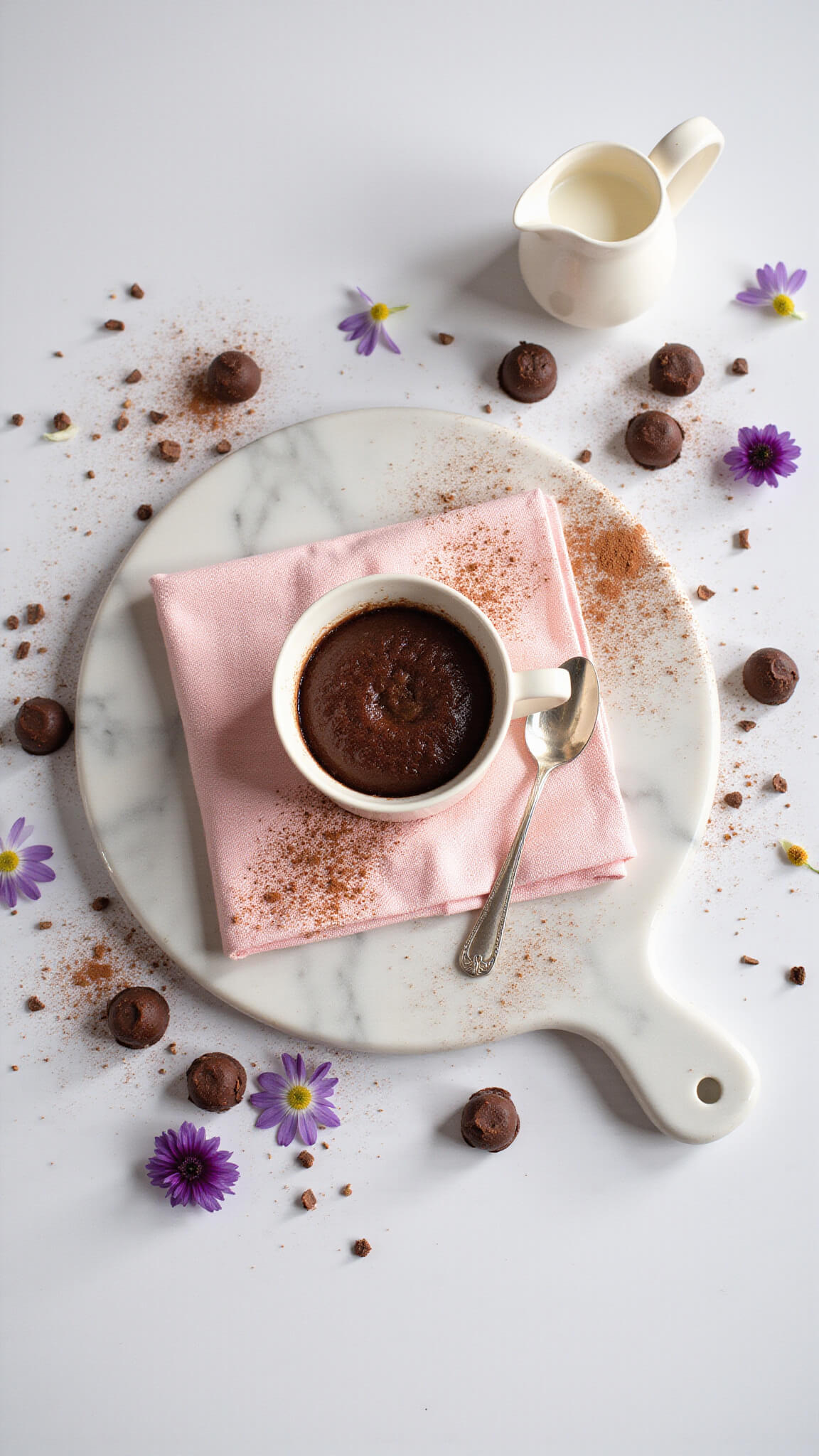 Flat-lay of a mug cake on a blush pink linen napkin, surrounded by cocoa powder, chocolate pieces, edible flowers, vintage spoon, milk pitcher, and chocolate truffles on a marble pastry board.