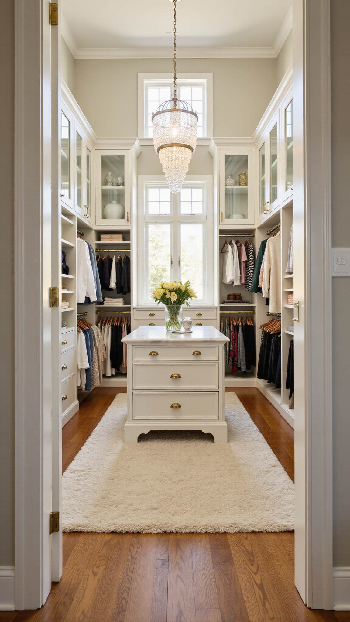 Luxurious walk-in closet with white glass cabinetry, marble island, crystal chandelier, and organized wardrobe sections, bathed in golden hour light.