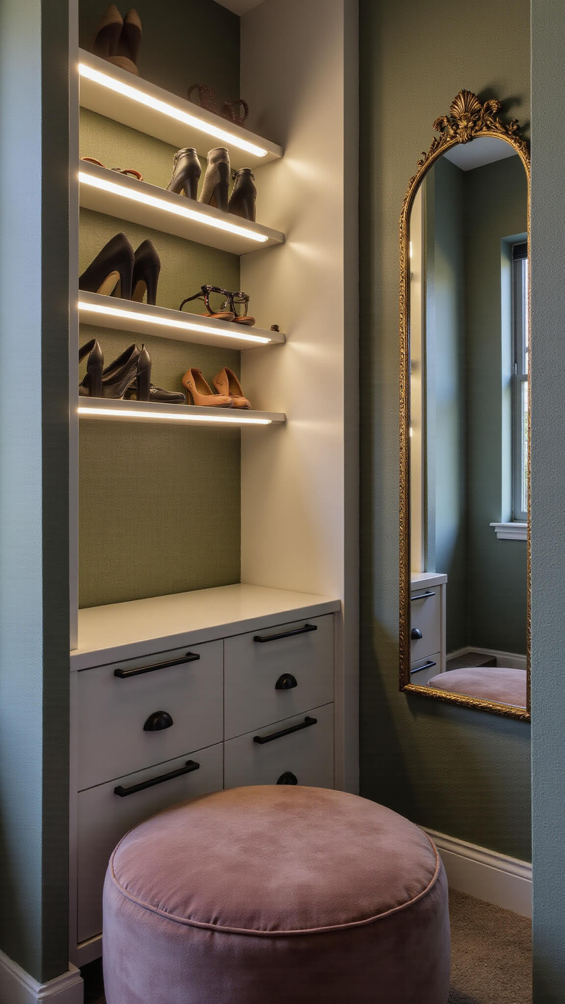L-shaped closet with warm white shelves, matte black hardware, LED-lit glass shoe displays, sage green grasscloth walls, dusty rose velvet ottoman, and antiqued brass mirror reflecting dusk light.