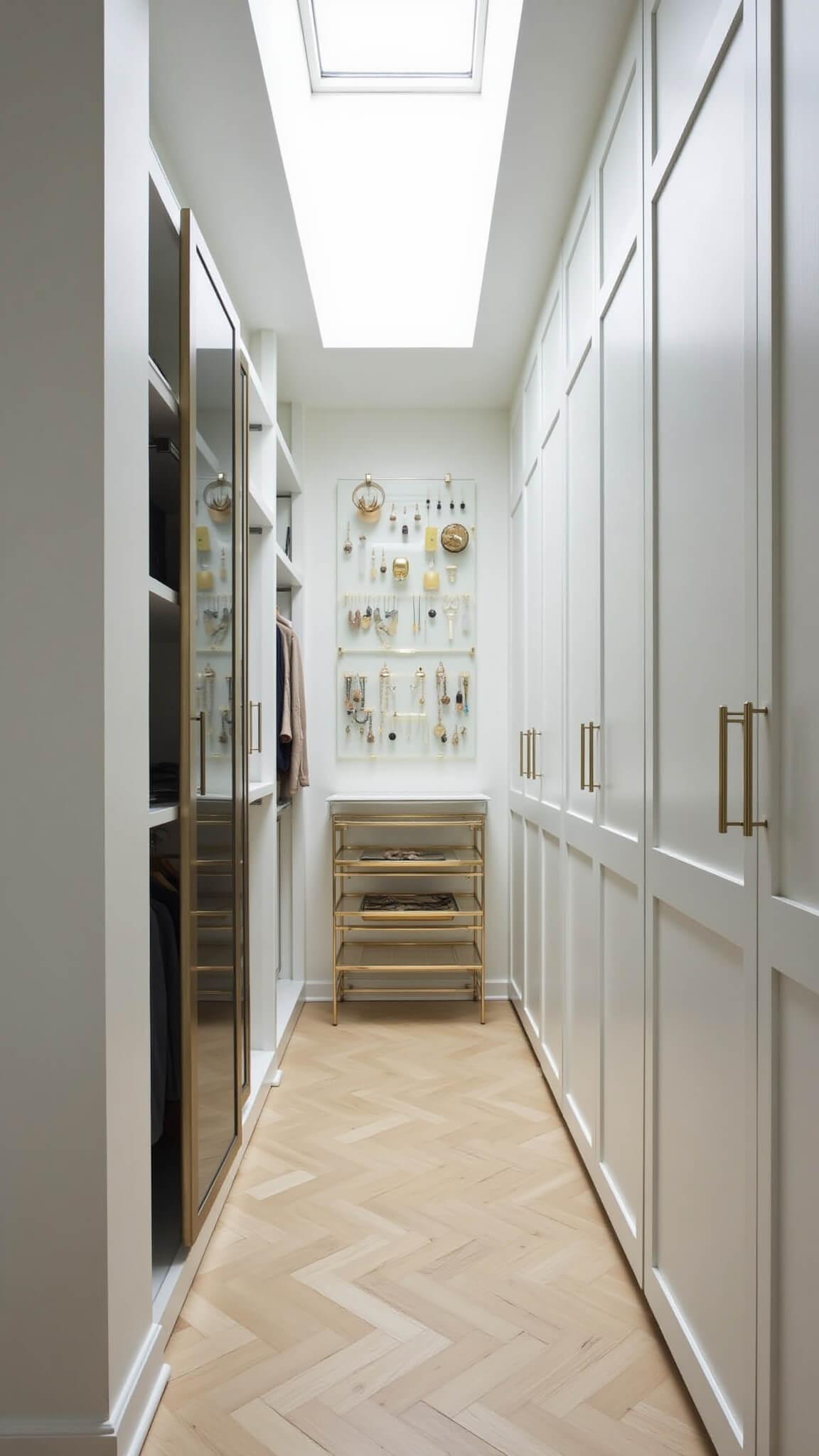 Minimalist straight-layout closet with white lacquered cabinetry, smoky glass partitions, gold hooks, herringbone floors, and skylight-lit Lucite console.