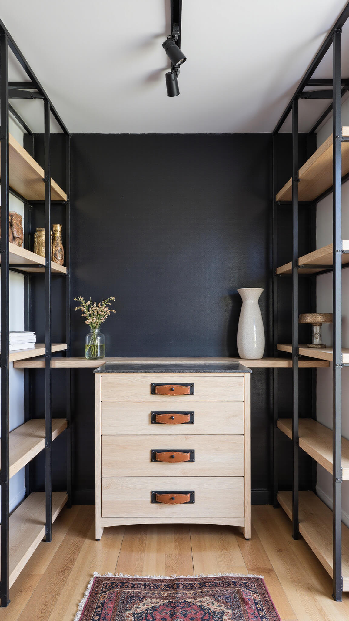 Boutique-style 10x16ft closet with double-height ceilings, bleached oak open shelving, leather-wrapped center island, black geometric accent wall, and vintage Persian runner, shot from above with dramatic high-contrast lighting.