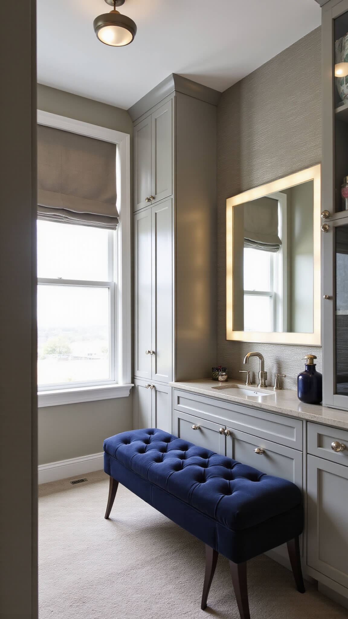 Symmetrical cozy 8x8ft walk-in closet with custom greige millwork, navy tufted bench, metallic wallpaper, and sunlit vanity area.