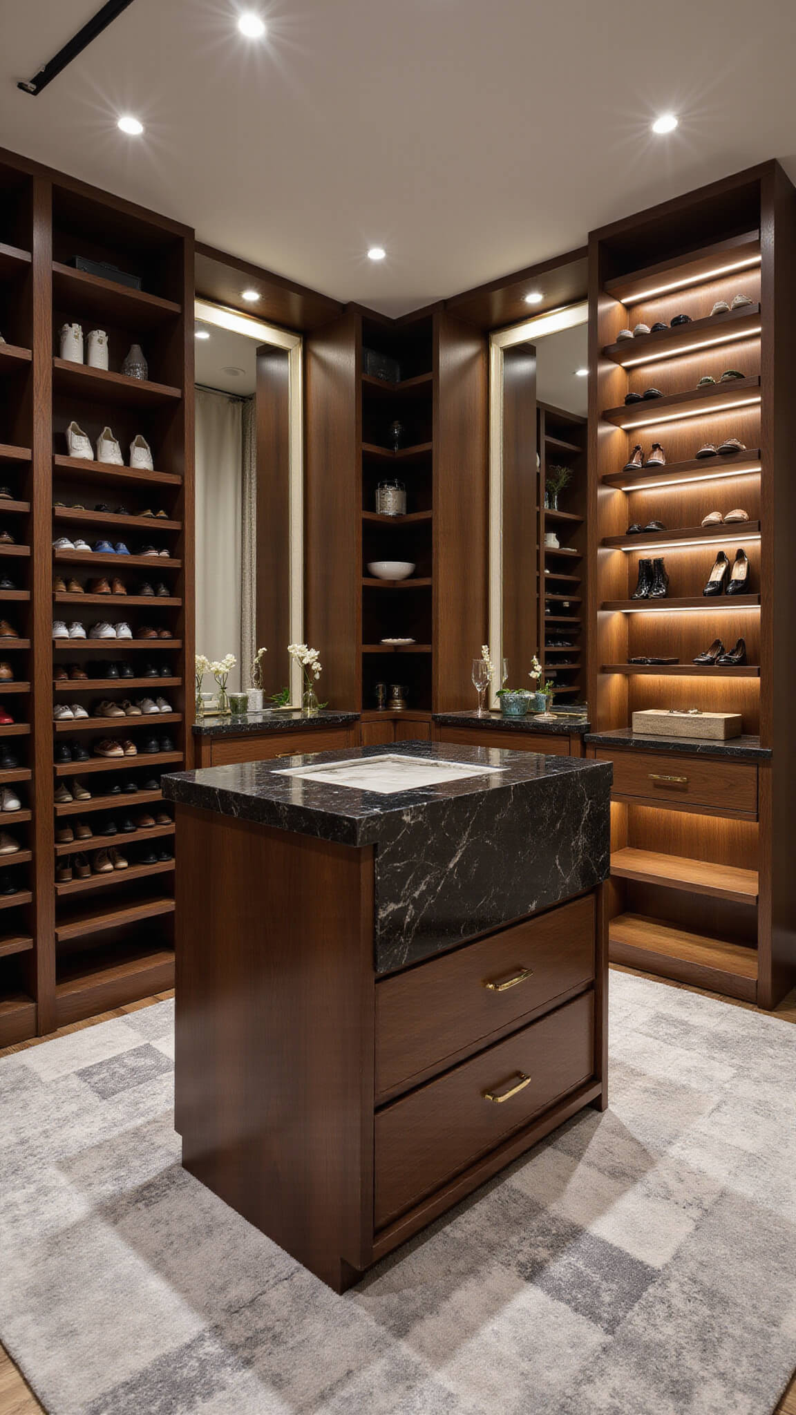Contemporary 14x14ft closet at twilight with dark walnut floating shelves, LED lighting, black marble and brass island, floor-to-ceiling mirrors, custom shoe walls, grey and ivory rug, and warm evening accents.