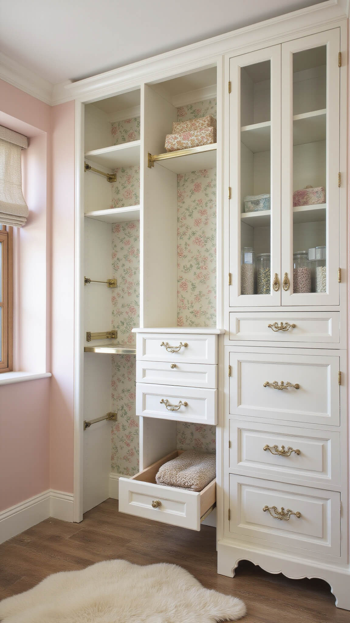 Transitional 10x12ft walk-in closet with chalk white custom cabinetry, blush pink floral accent wall, antiqued brass fixtures, crystal drawer pulls, and sheepskin rug in natural afternoon light.