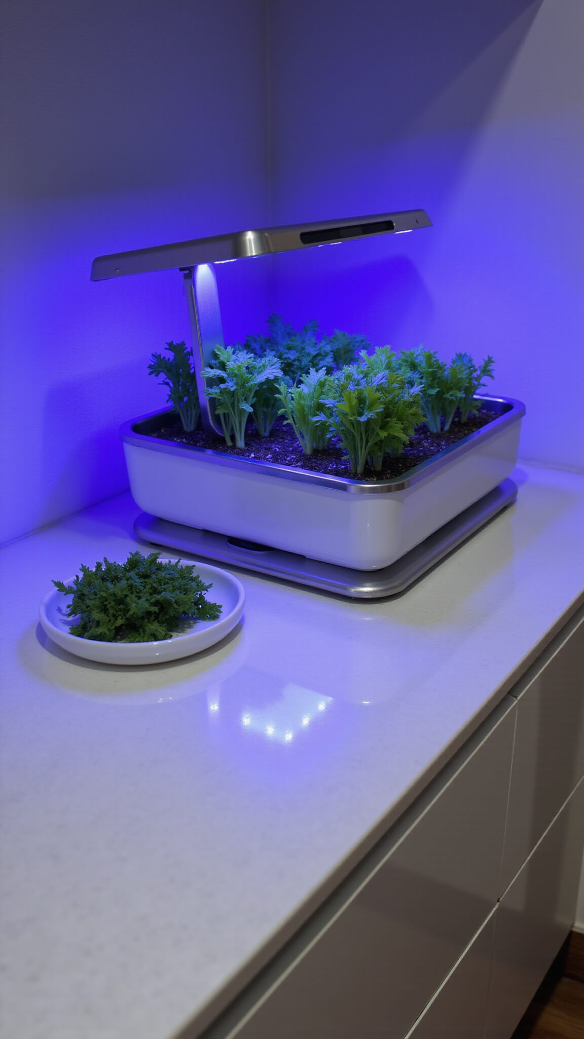 Minimalist kitchen with white quartz countertop and AeroGarden hydroponic system growing lettuce and herbs under blue-purple LED lights.