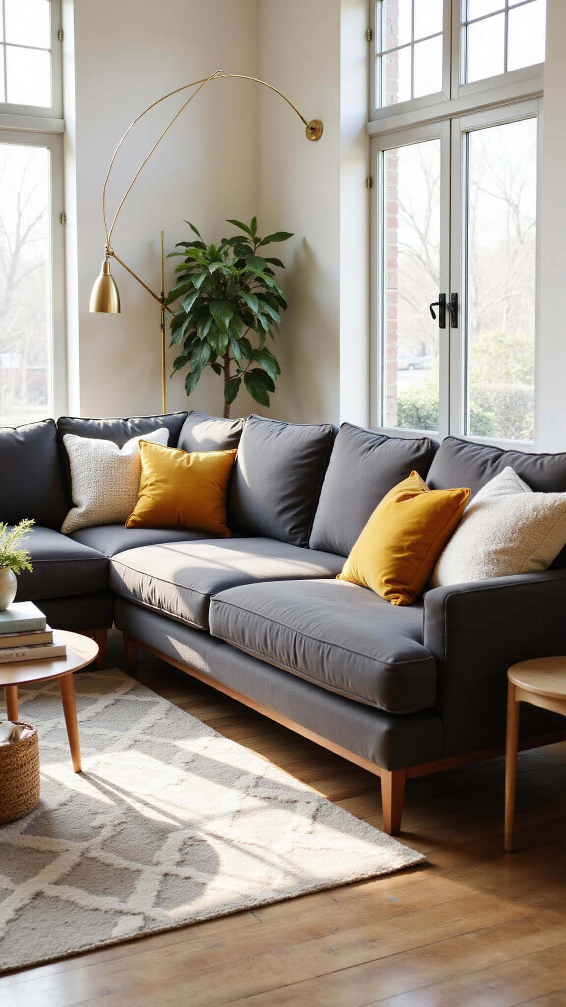 Sunlit modern living room with charcoal grey sectional, mustard and cream pillows, brass floor lamp, fiddle leaf fig, and geometric rug during golden hour.