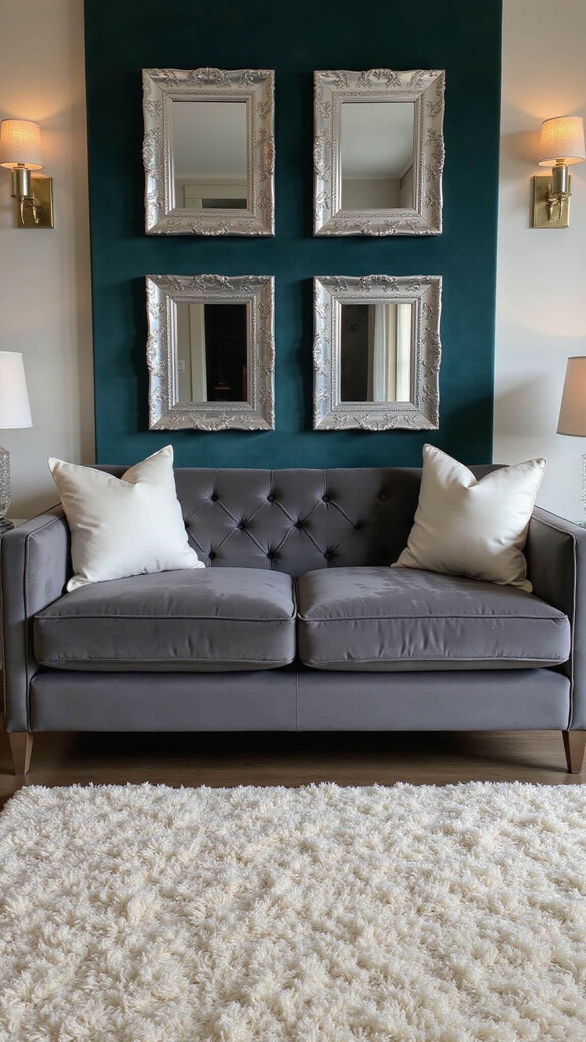 Cozy 12x14ft living room with a slate grey tufted sofa against a deep teal velvet wall, illuminated by crystal sconces, featuring lucite side tables with ceramic lamps, metallic frames, a chunky ivory rug, silk pillows, and a brass-accented glass coffee table under dramatic evening lighting.