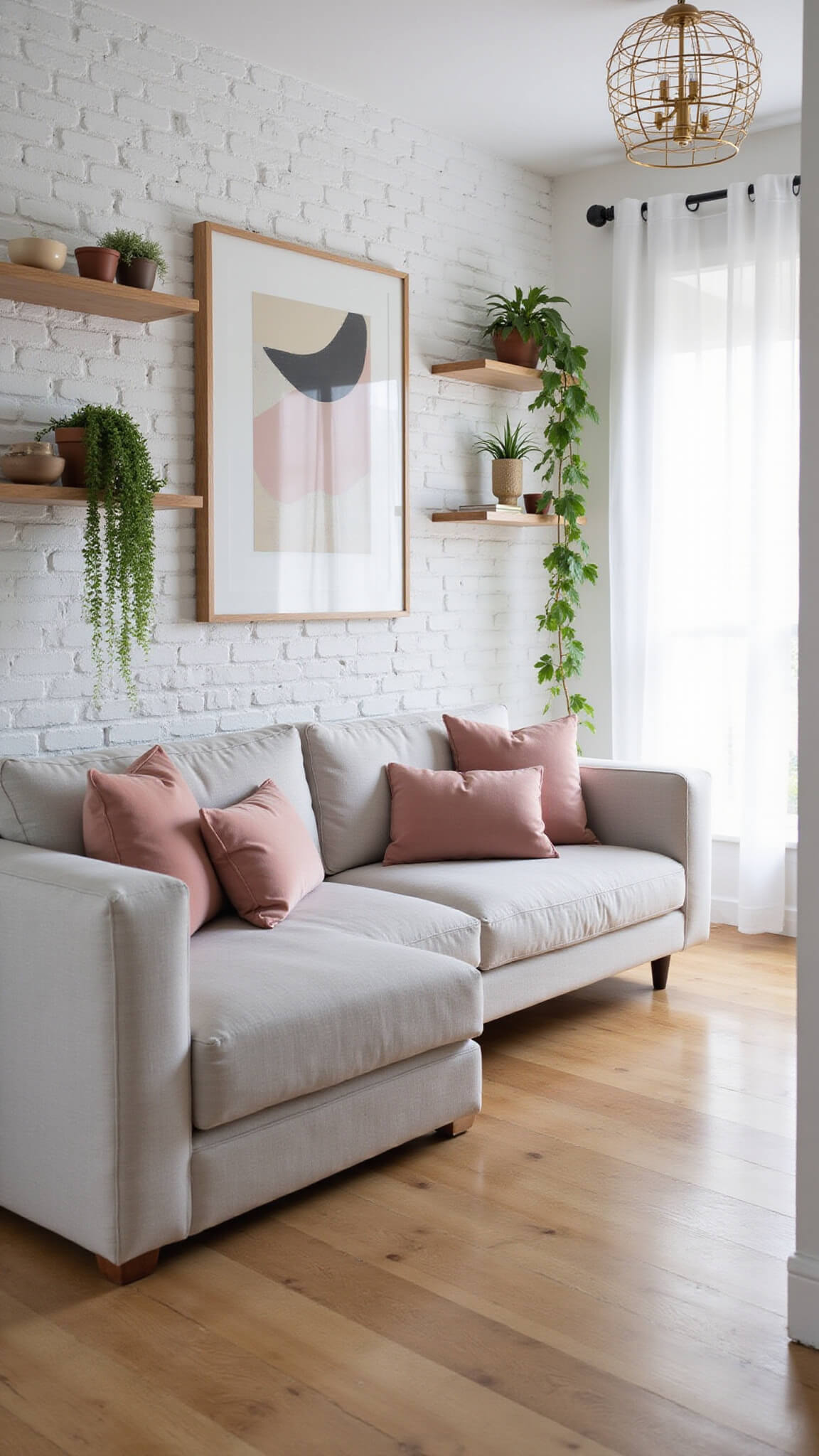Scandinavian-style 16x18ft living room with light grey sofa, blush pink and gold accents, oak floors, whitewashed brick wall, sheer curtains, and modern decor.