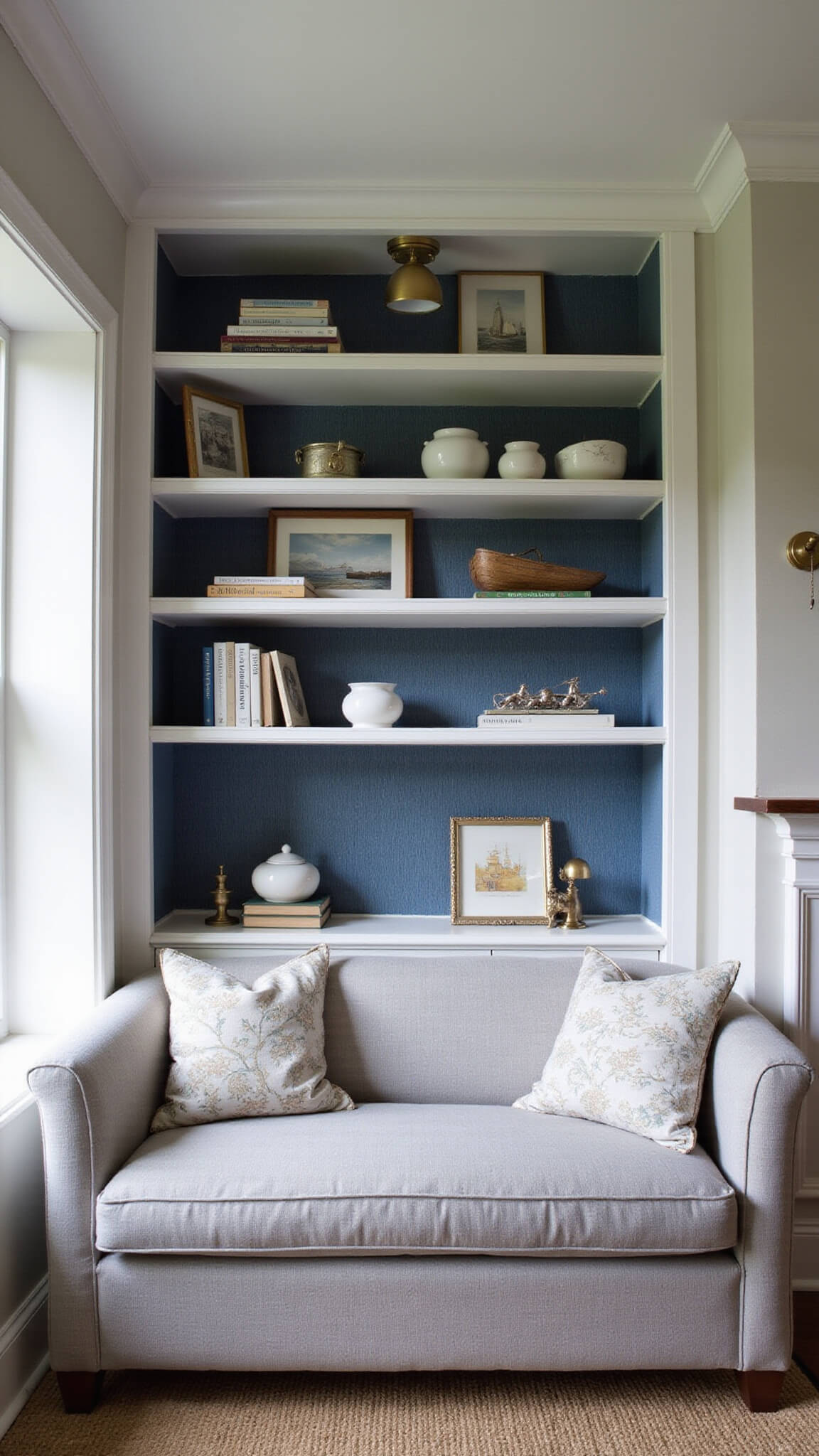 Cozy 14x16ft den with heather grey sofa, navy wallpaper, white trim, built-in bookshelves styled with nautical decor, jute rug, brass library lights, and dramatic late afternoon shadows.