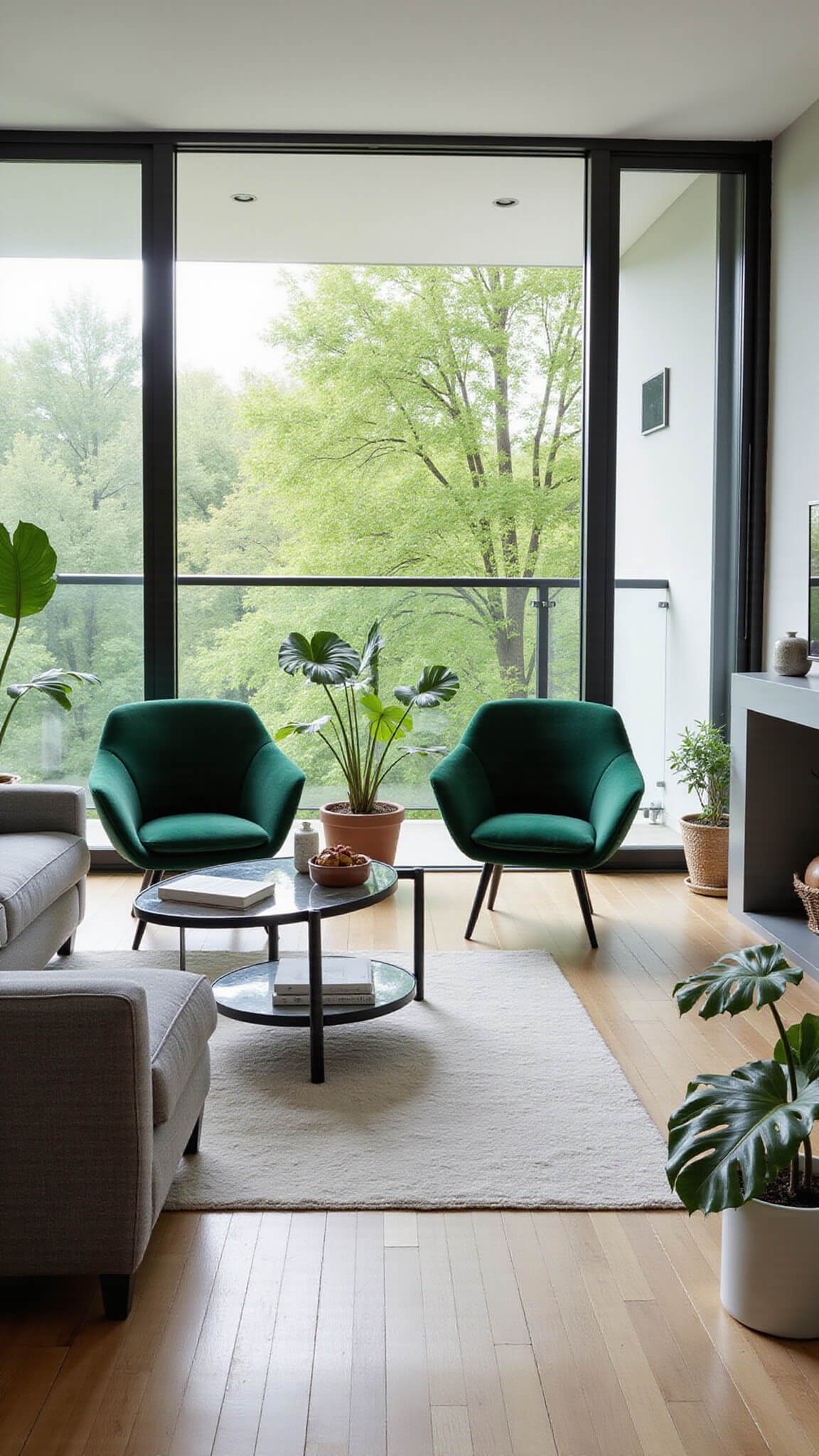 Modern airy living room with grey bouclé sofa, emerald green chairs, floor-to-ceiling windows, lush greenery, and black metal coffee table, viewed from a high corner angle.