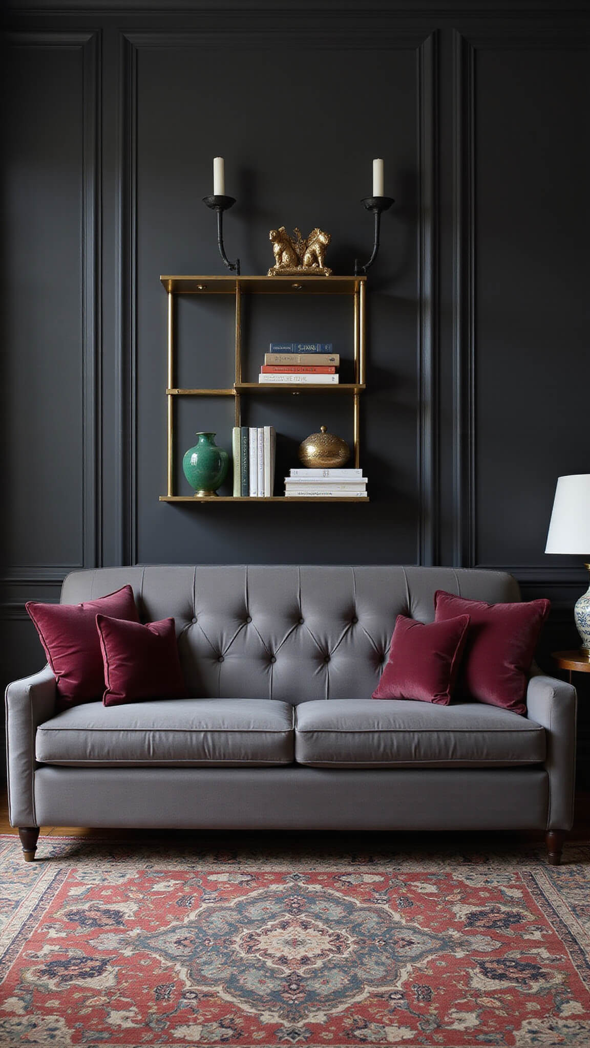 Sophisticated 15x17ft sitting room with a pewter grey tufted sofa, dark charcoal walls, jewel-toned accents, vintage Persian rug, brass étagères, and moody evening lighting.