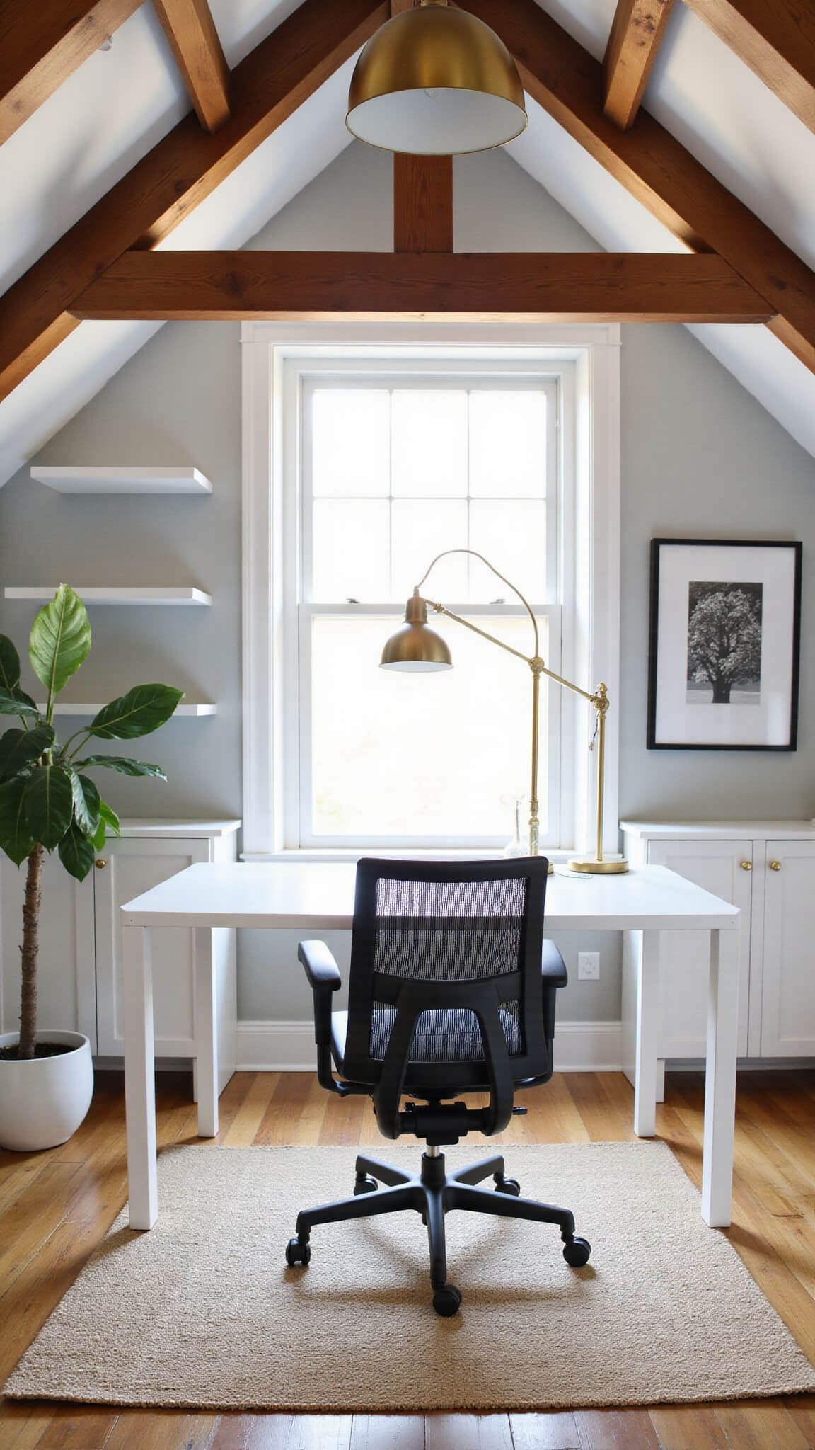 Modern home office in attic with exposed beams, white desk facing dormer window, black mesh chair, built-in shelves, fiddle leaf fig plant, brass floor lamp, jute rug, and white oak flooring lit by golden hour sunlight.