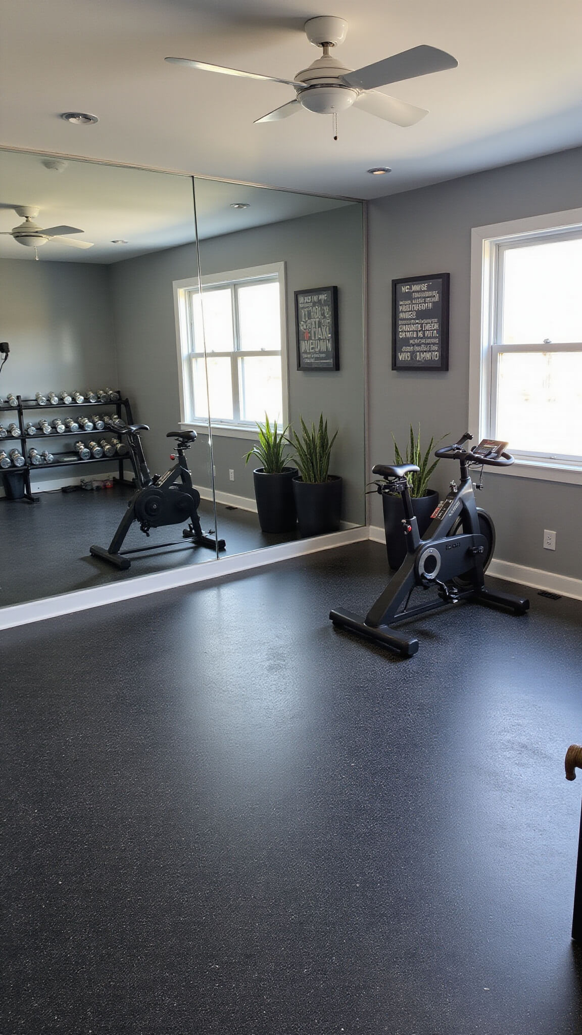 Contemporary home gym above garage with mirrored wall, Peloton bike, chrome dumbbells, black speckled flooring, snake plants, and motivational wall art in soft morning light.