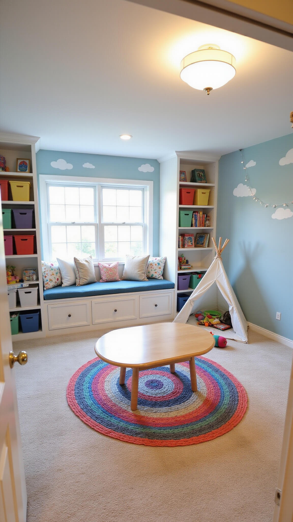 Whimsical playroom with pale blue cloud-decorated walls, cream carpet tiles, rainbow-cushioned window seat, colorful bins on shelves, activity table on braided rug, reading teepee with pillows, and fairy lights across ceiling beams.